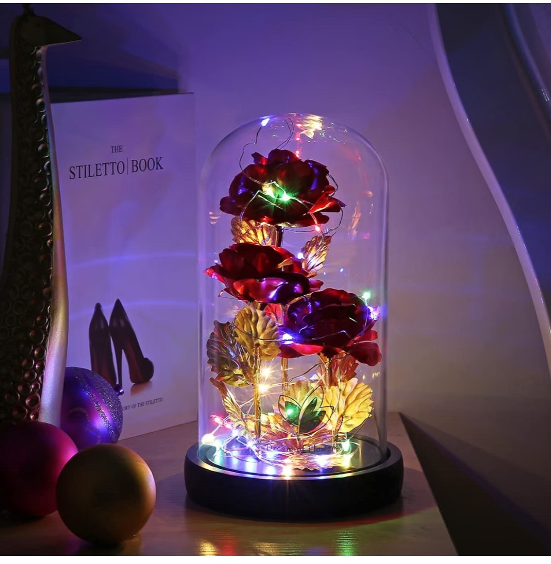 Dream Of Flowers Red Rose Gold Stem/Leaves in Glass Dome, 2 Lighting Modes. #dom