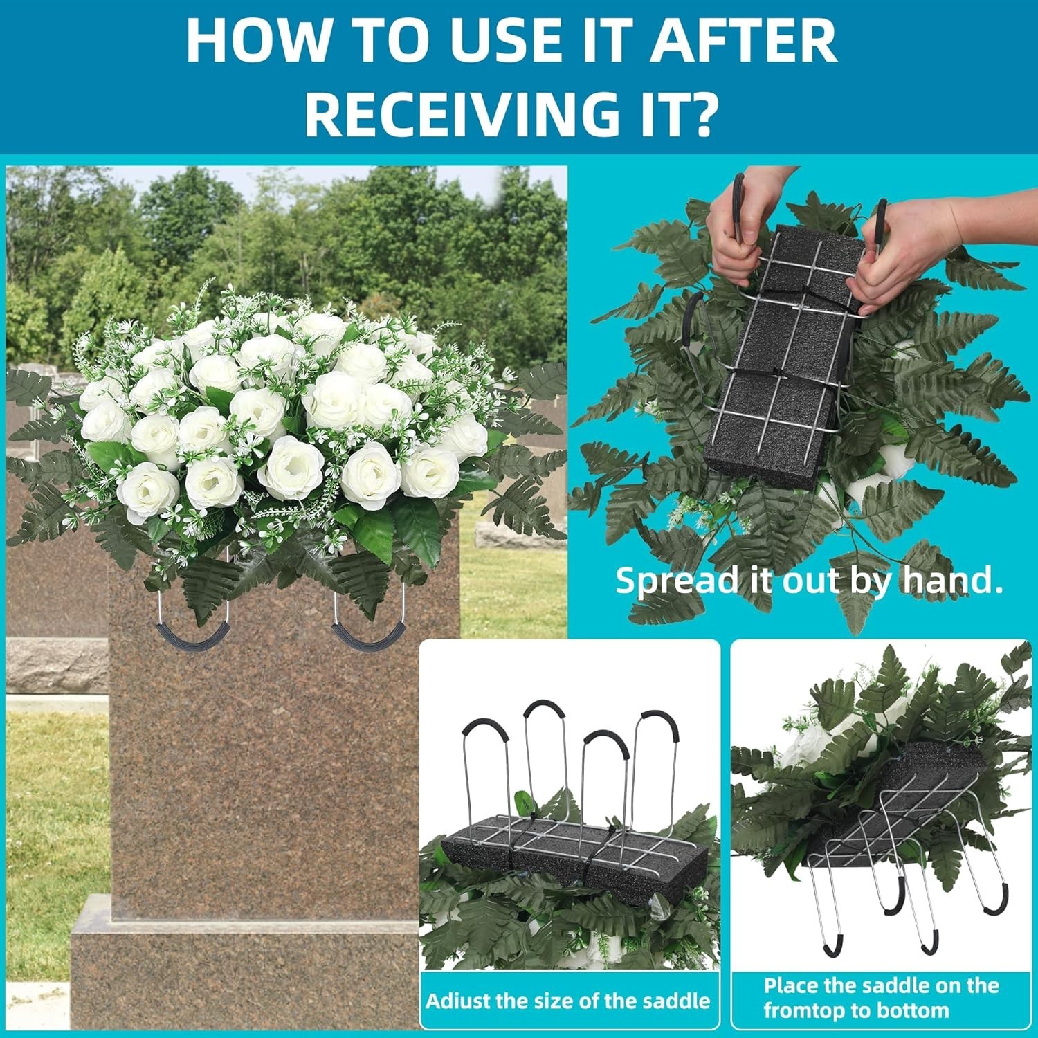 Headstone Flower Saddle Large White Artificial Roses for Cemetery Grave Decor