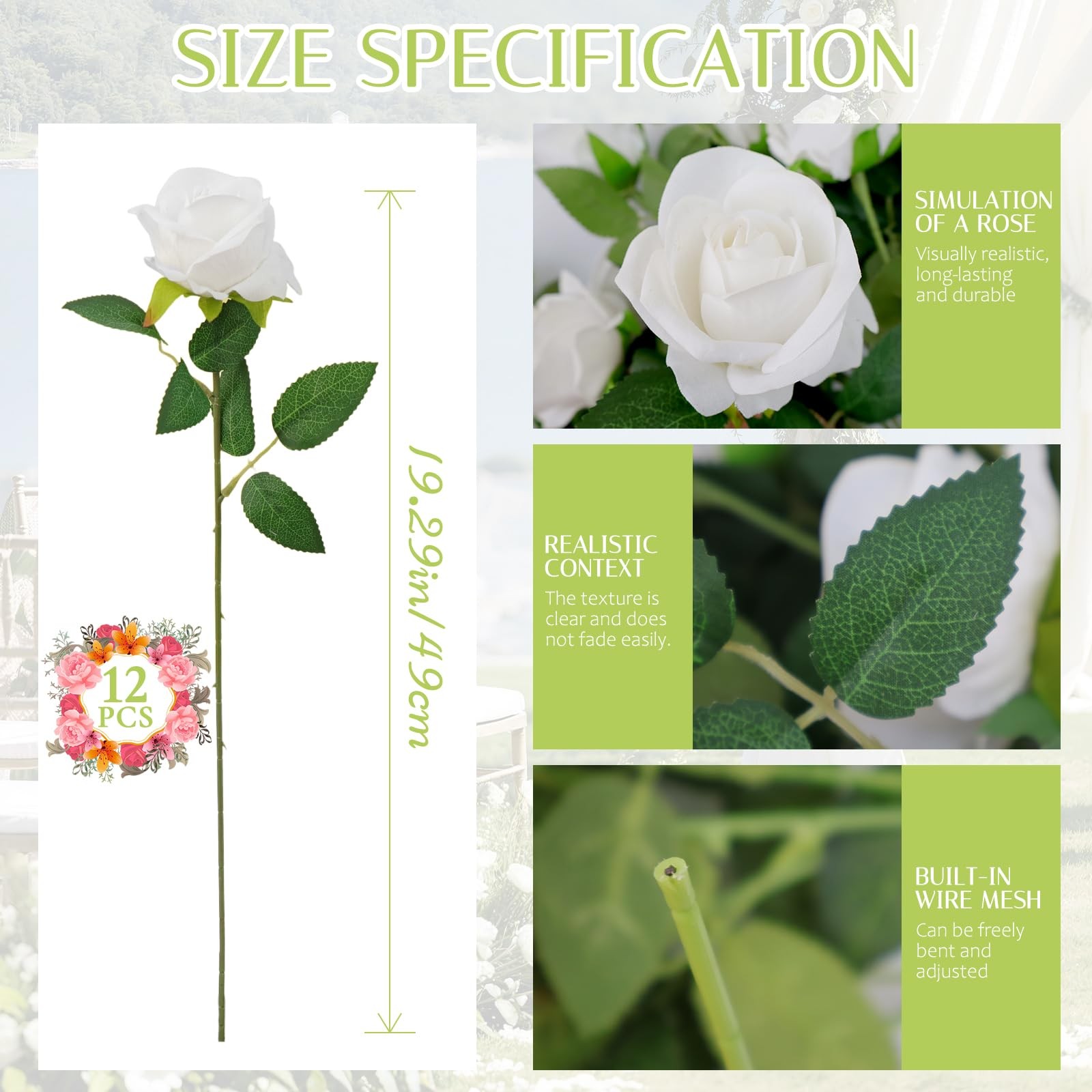 12 PCS Realistic White Roses Artificial Flowers Fake Velvet Silk Bulk Faux