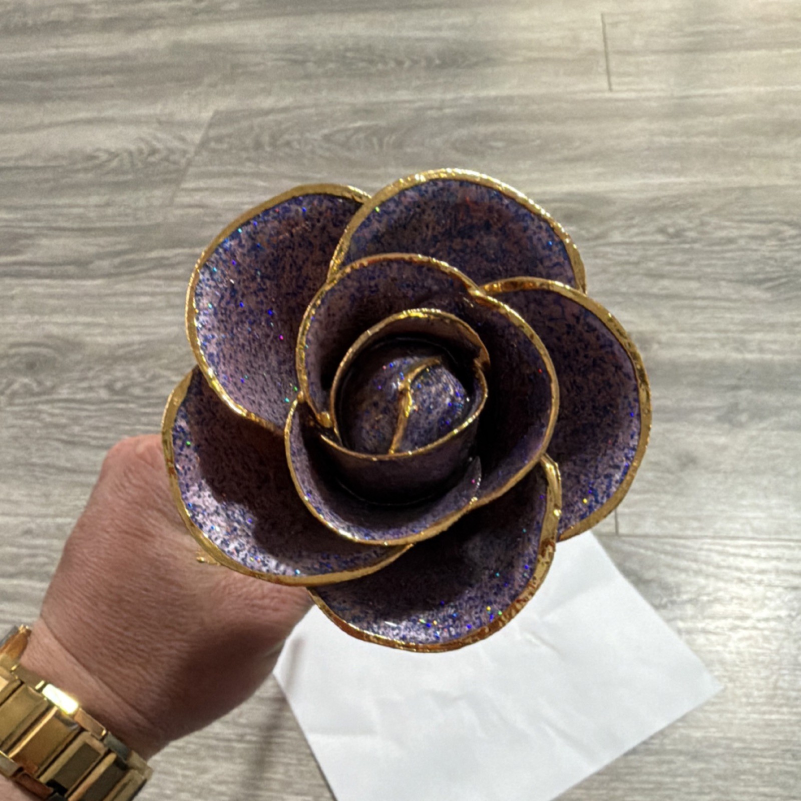 Artificial Metal Rose Flower Stem Purple Gold Green Decorative Floral Ornament
