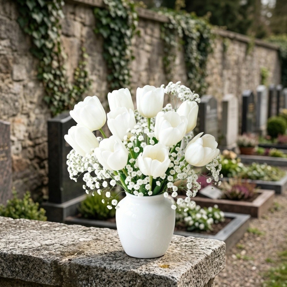 White Plastic Flower Bouquet 20 Stems with 10 Baby’s Breath 35cm 13.77in