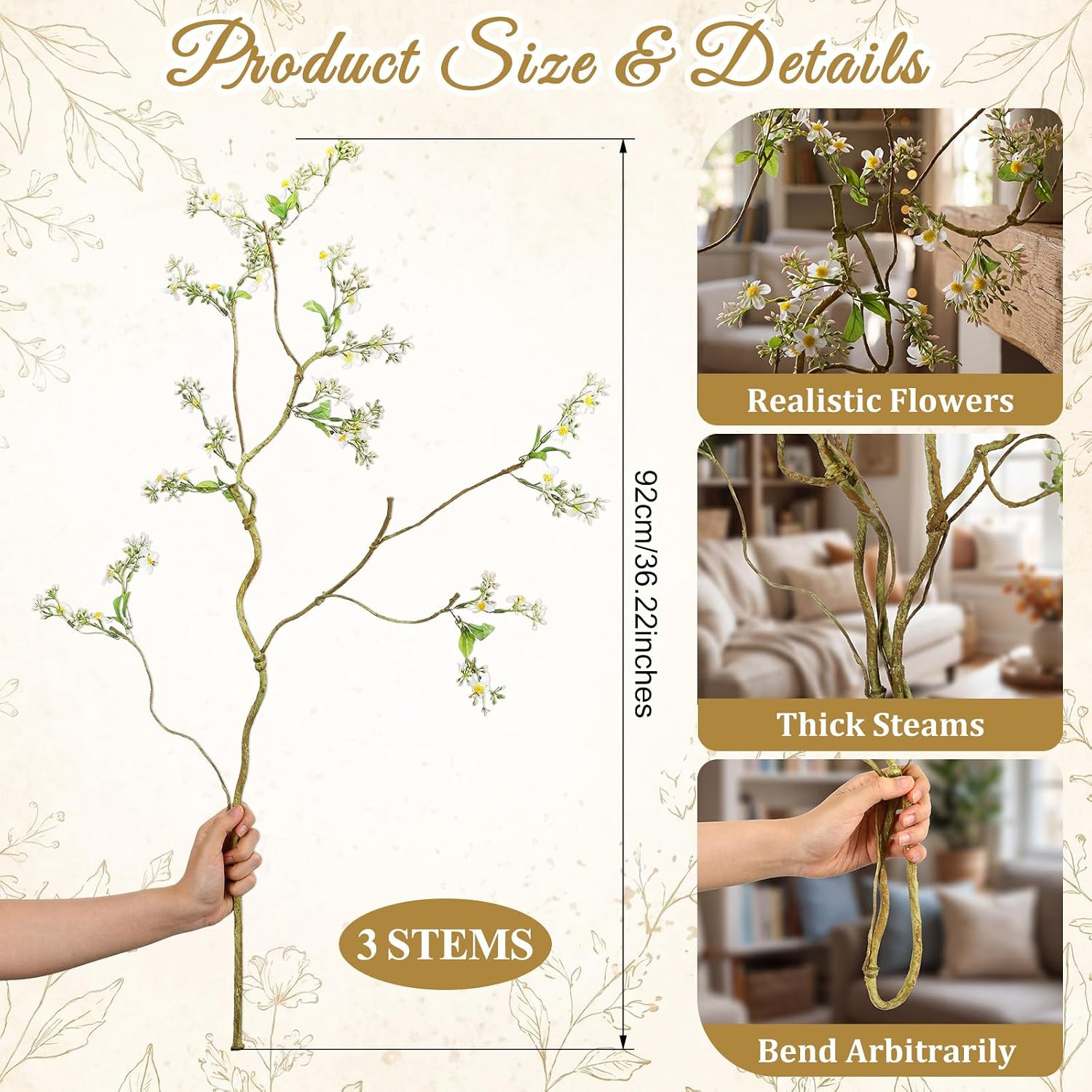3 Pcs Faux White Daisy Branches for Vase Decor – 36″ Floral Stems