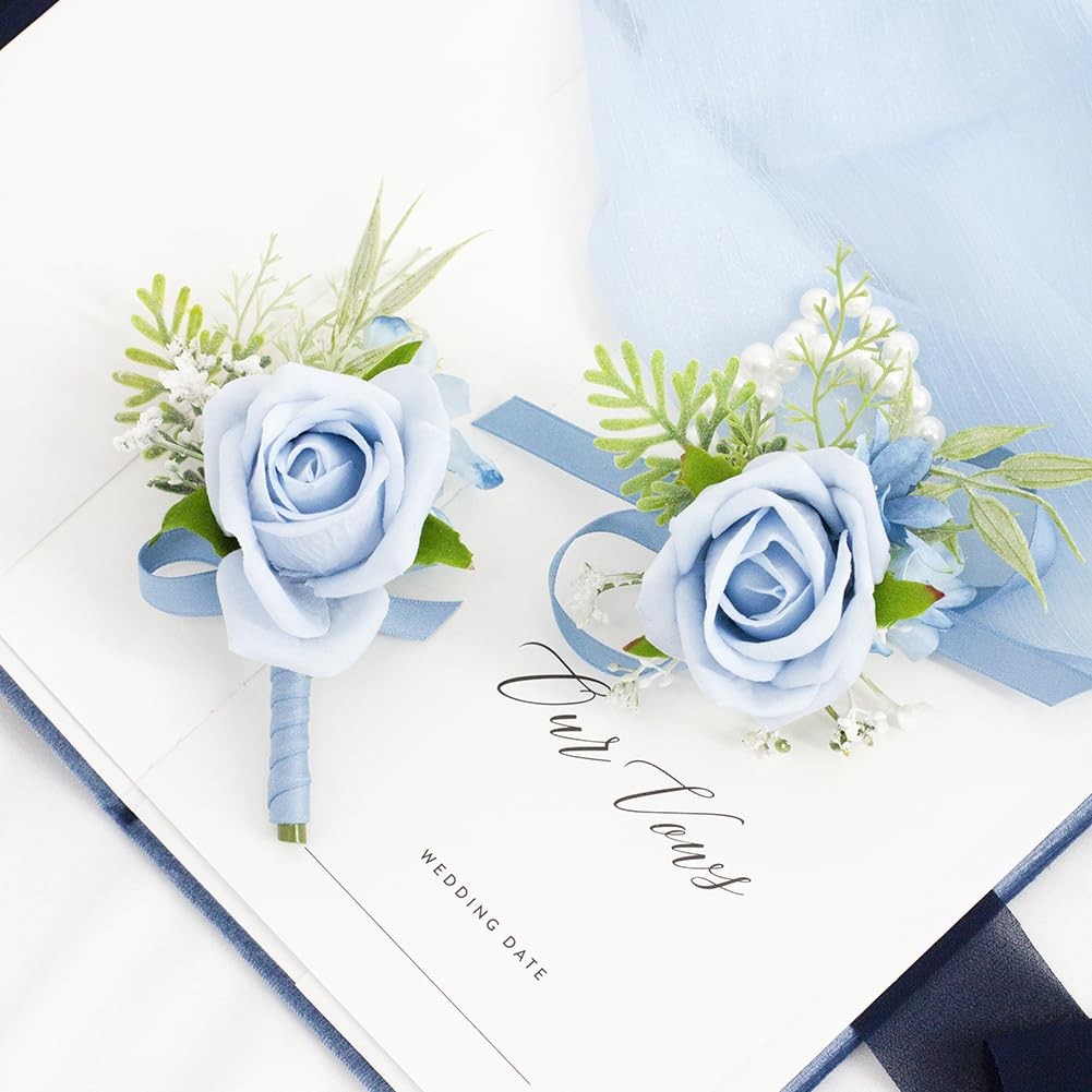 Light Blue Corsage and Boutonniere Set for Wedding Prom, Artificial Rose Baby…
