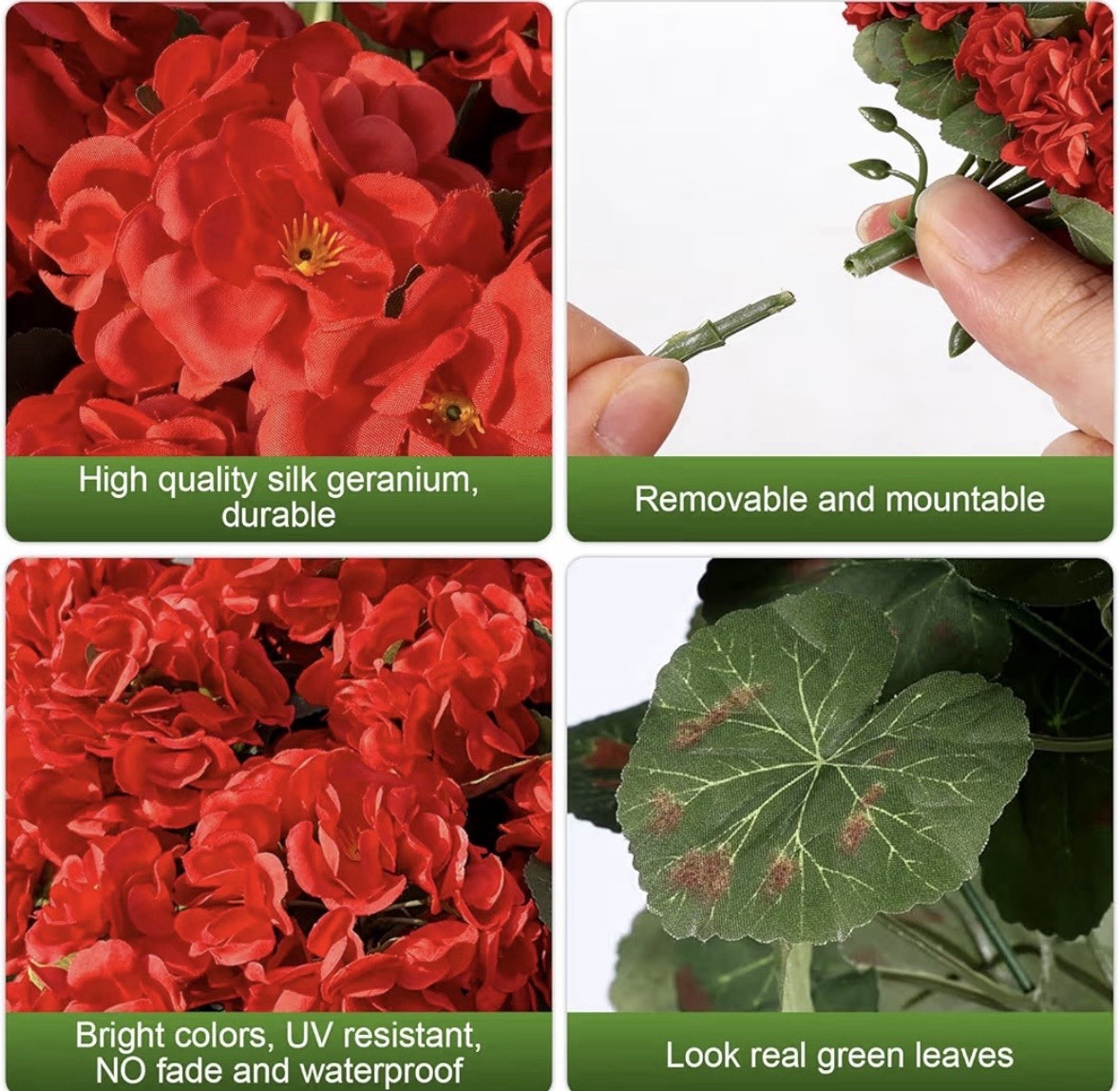 Artificial Geranium Flower Arrangement Centerpiece Red/Green Faux Silk Plastic