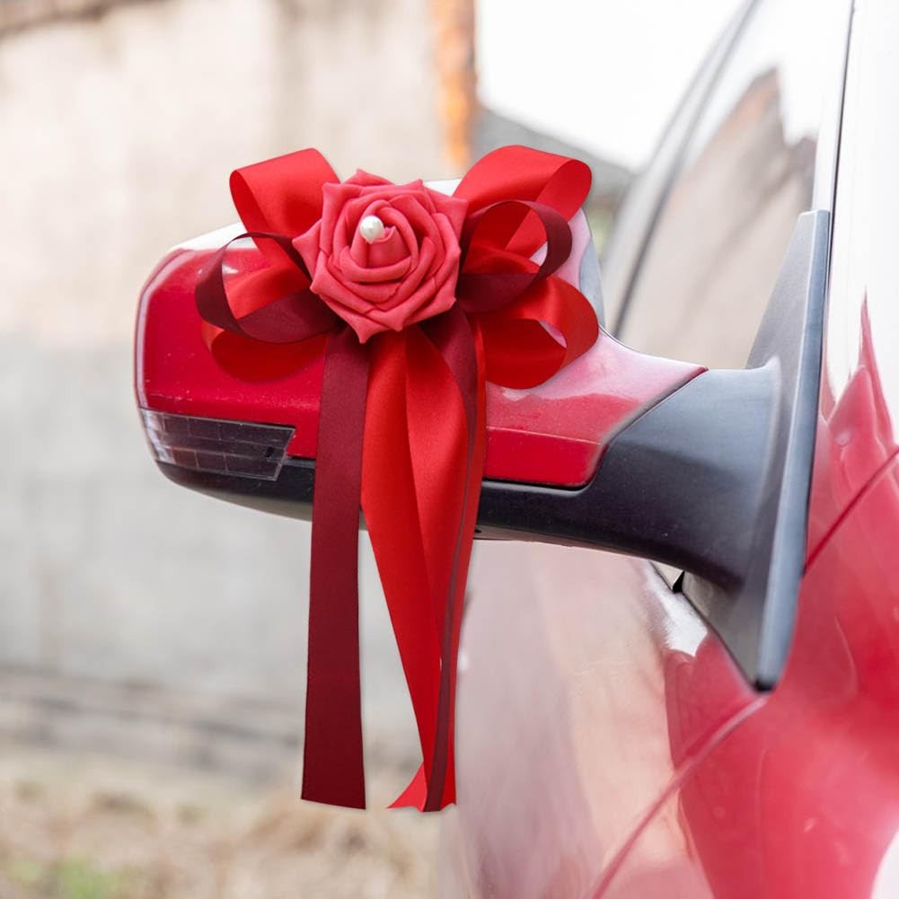 12 Pieces Wedding Car Flower Decoration Red Artificial Rose Ribbon Bow Handle