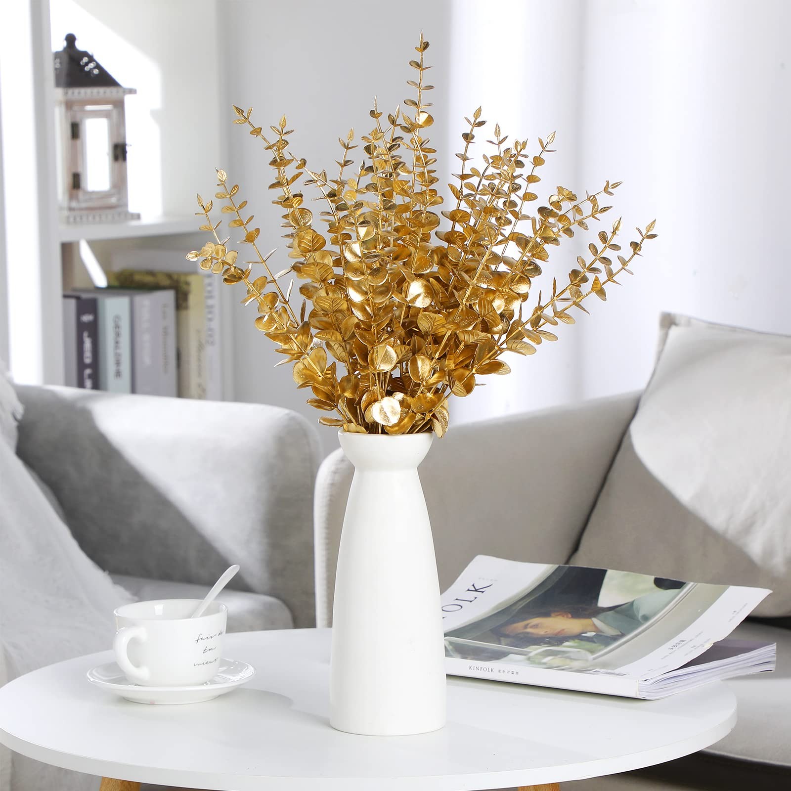 45 Pcs Gold Eucalyptus Stems Bulk 15 Inch Gold Fake Eucalyptus Branches Artif…