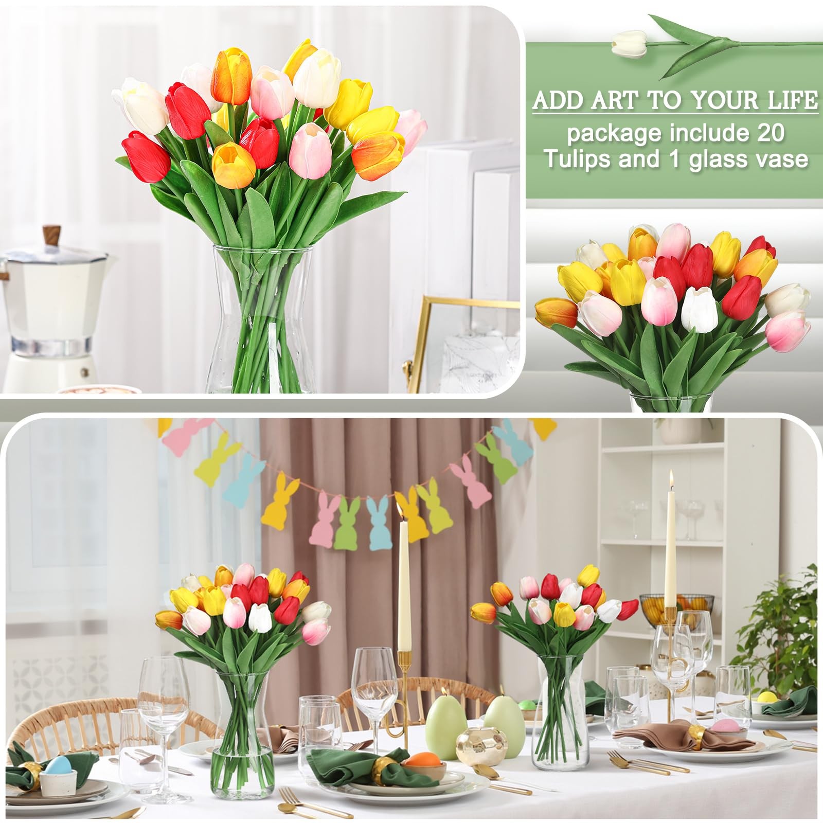 20 PCS Multicolor Artificial Tulips Real Touch 14 Inch With Vase Easter