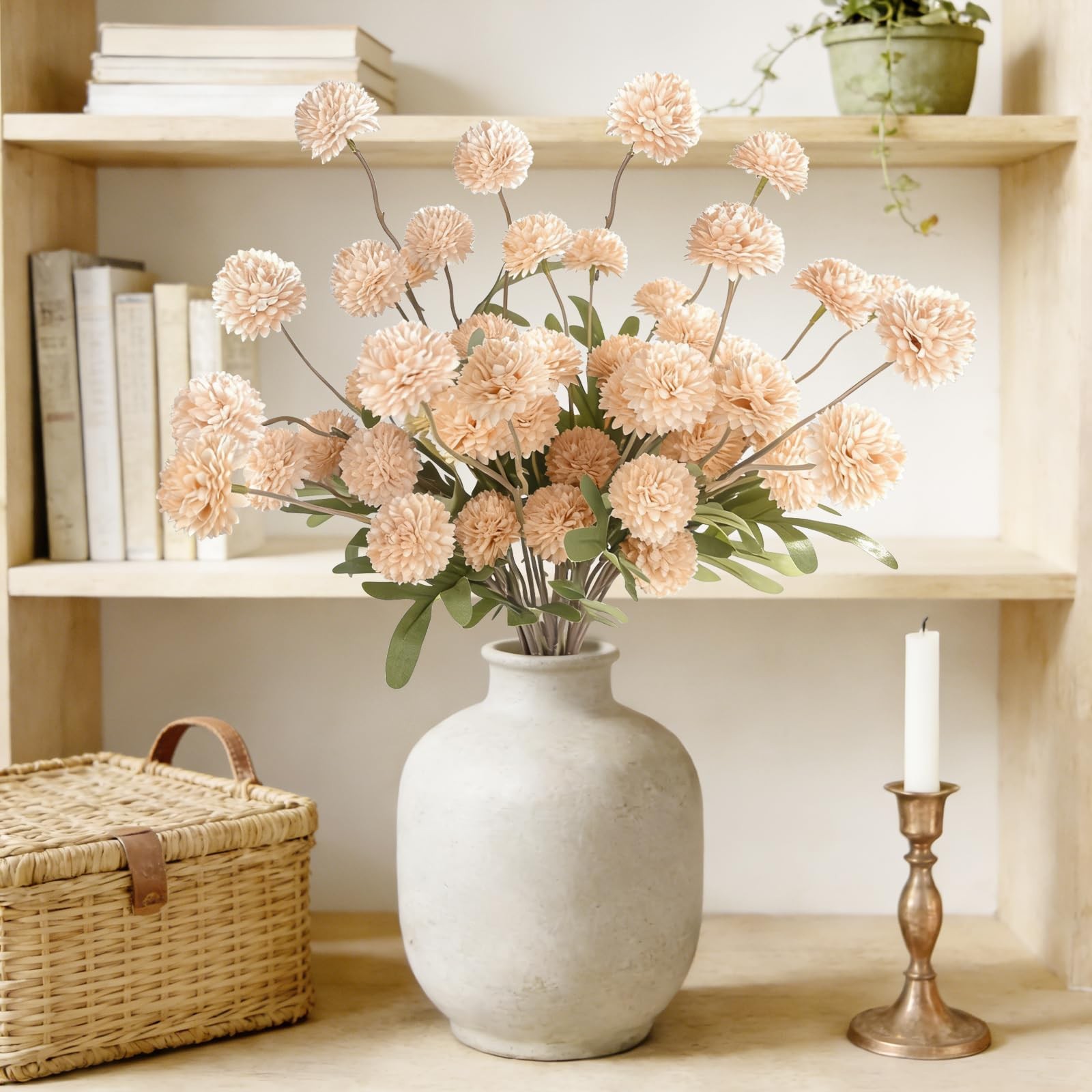 8 Pcs Apricot Beige Silk Pompon Kiku Mums, Artificial Flowers for Vase, Fake …