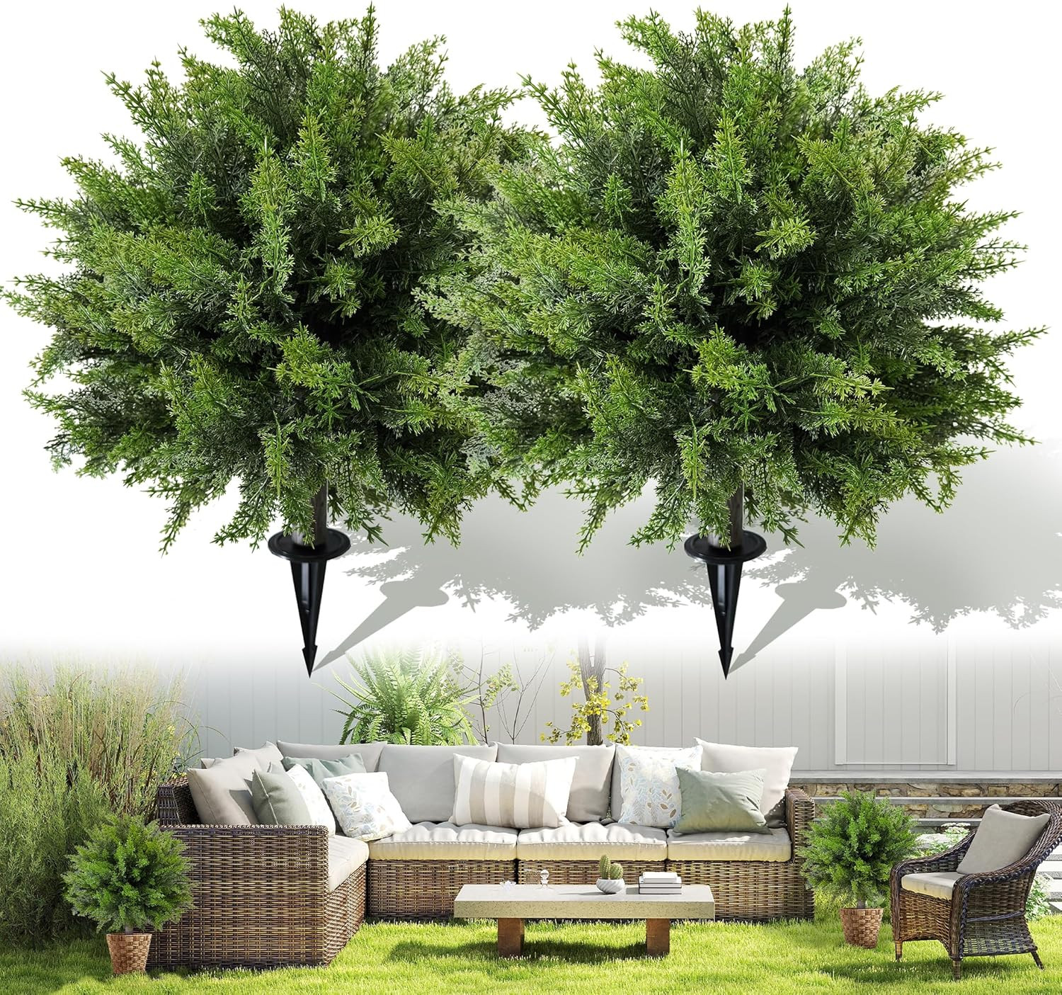Artificial Cedar Topiary Ball Tree with Ground Spike: 23 Inch 2 Pack UV Resistan