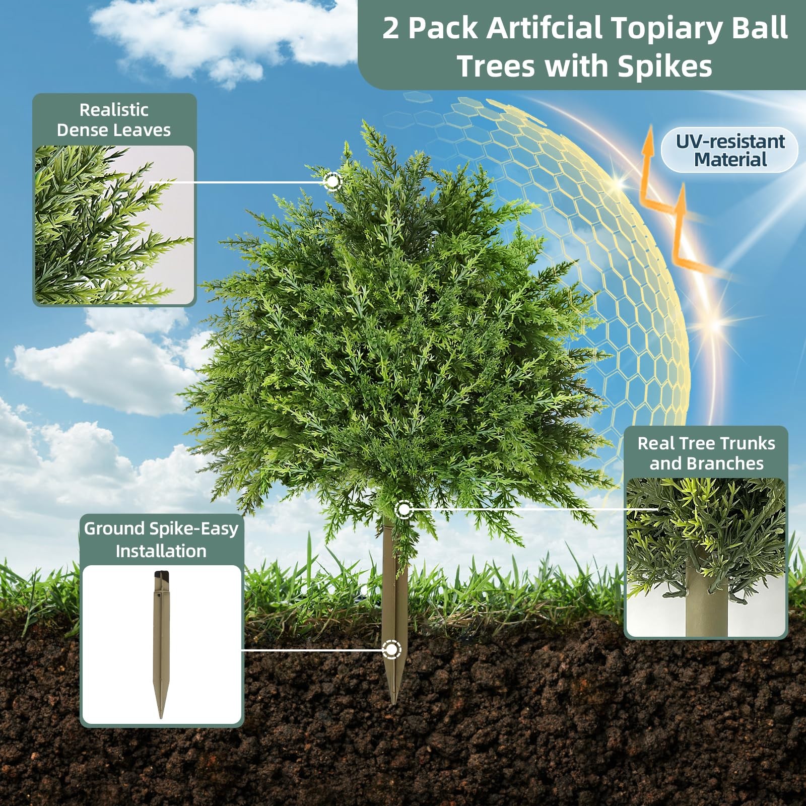 2 Pack Artificial Cedar Topiary Ball Trees, 23.2″ UV-Resistant Fake Cypress P…