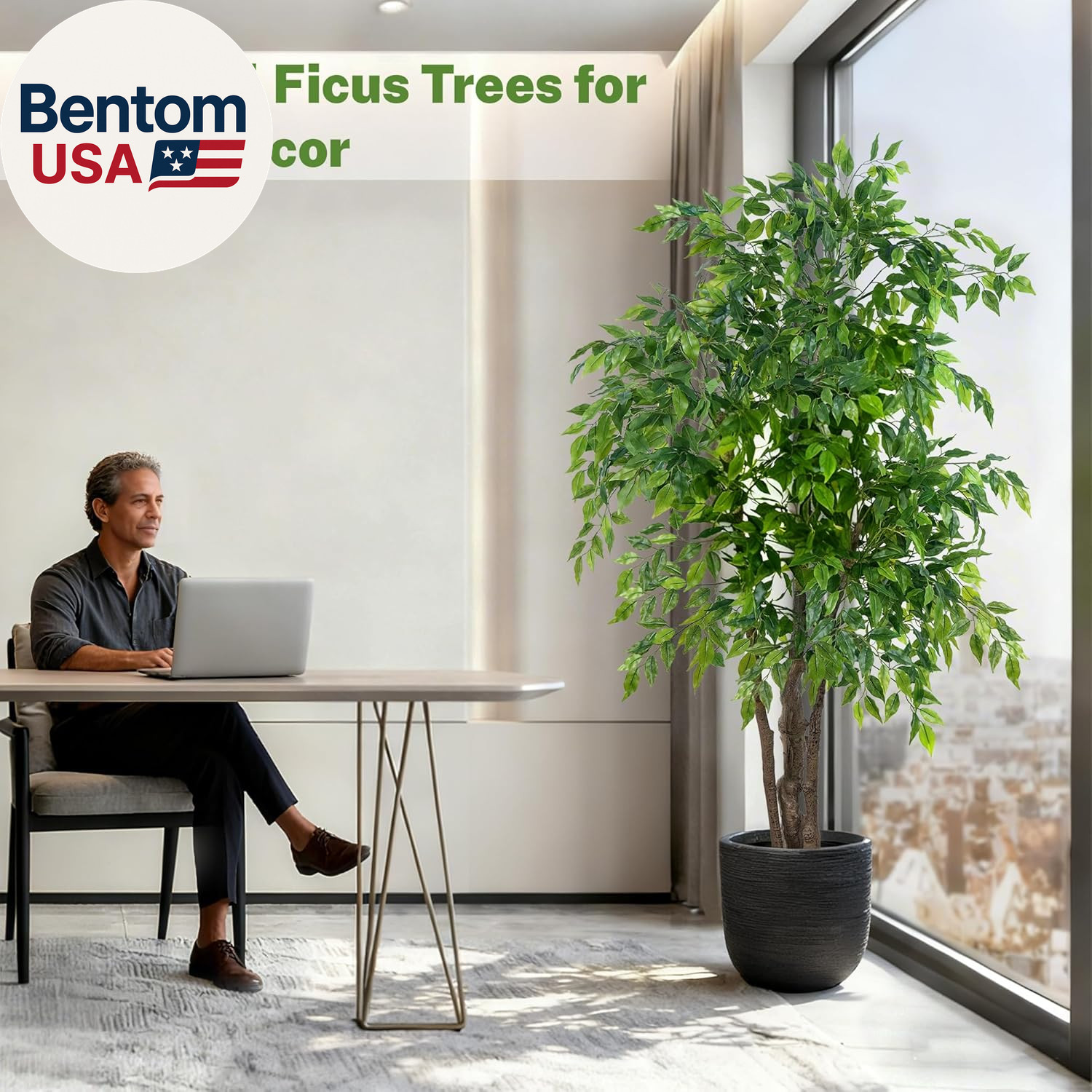 Ficus Tree Artificial with Triple Trunks, 5.5Ft Fake Ficus Tree in Black Pot, Ta