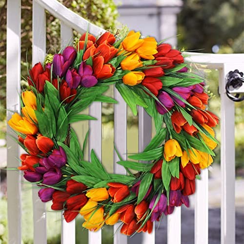 Tulip Wreath for Front Door, Spring Summer Silk 20 Inch Red Yellow Purple