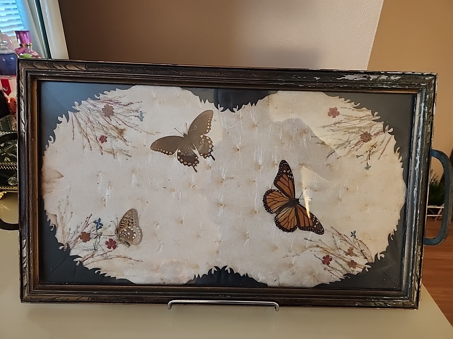Vintage Butterfly Style Art Glass Tray W/ Stand