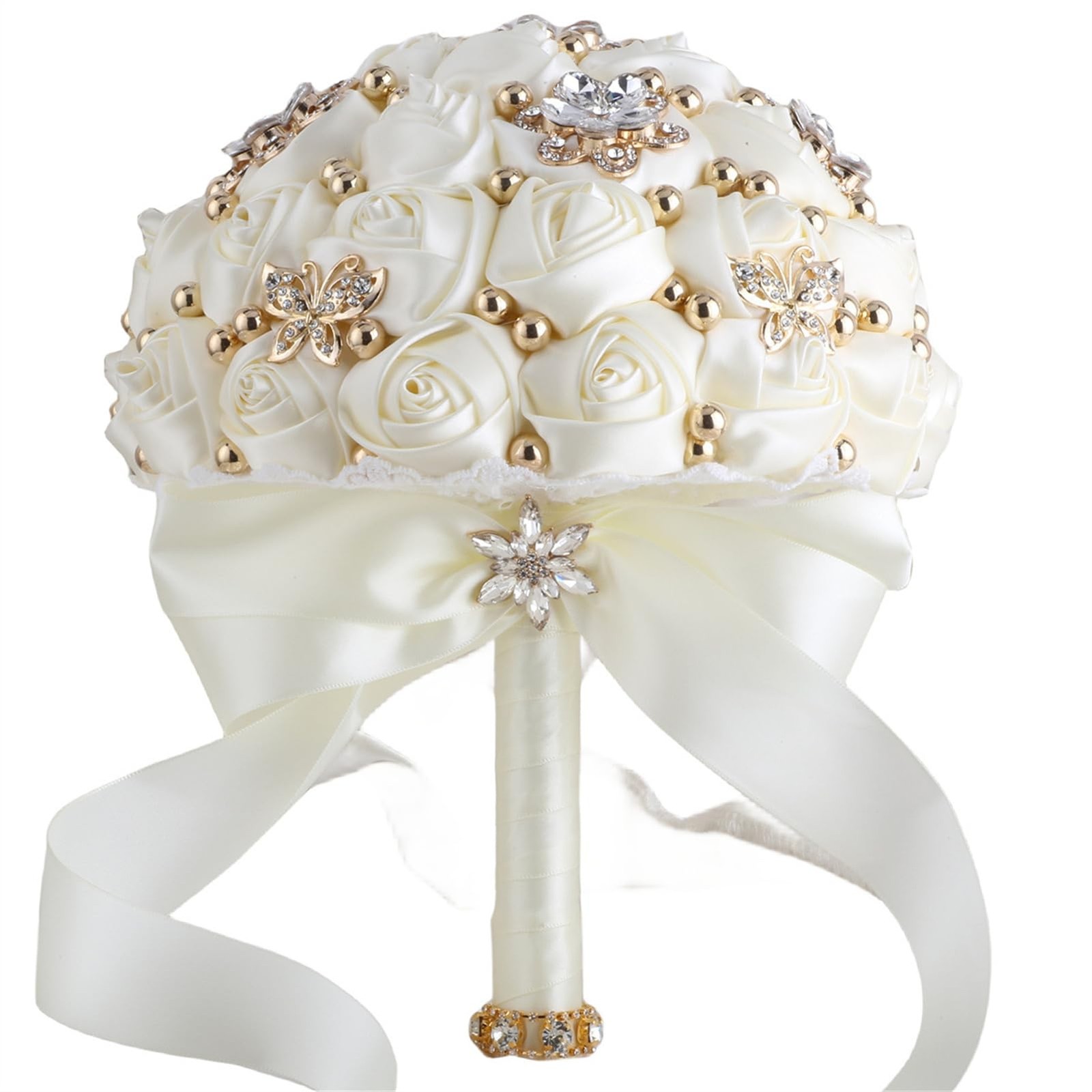 66#Ivory Mini 6.3 Inch/16cm Bridal Wedding Bouquet Toss Rose Flower Brooch