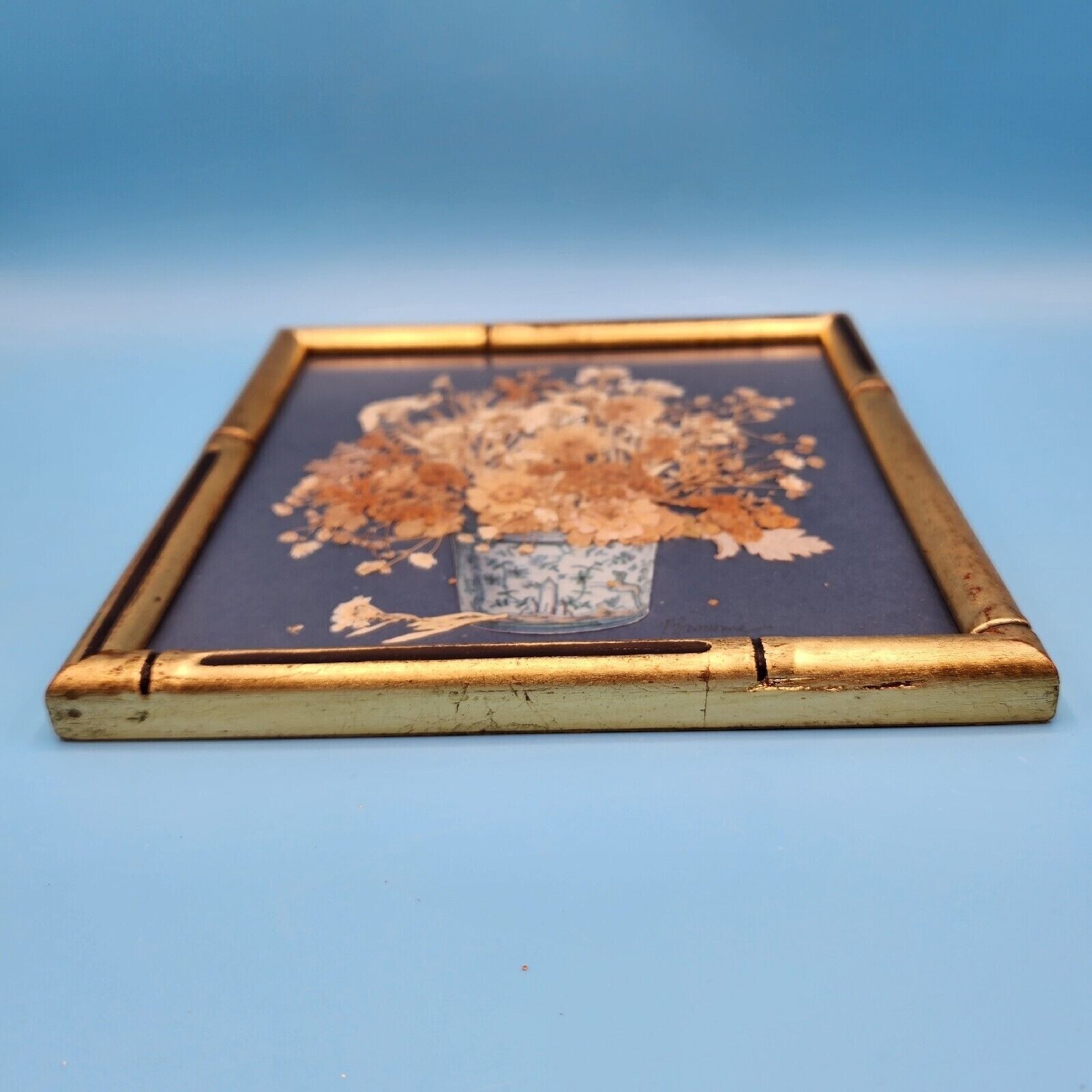 Garden Flowers of Summertime Pressed Flower Botanical Art Faux Bamboo Frame v1