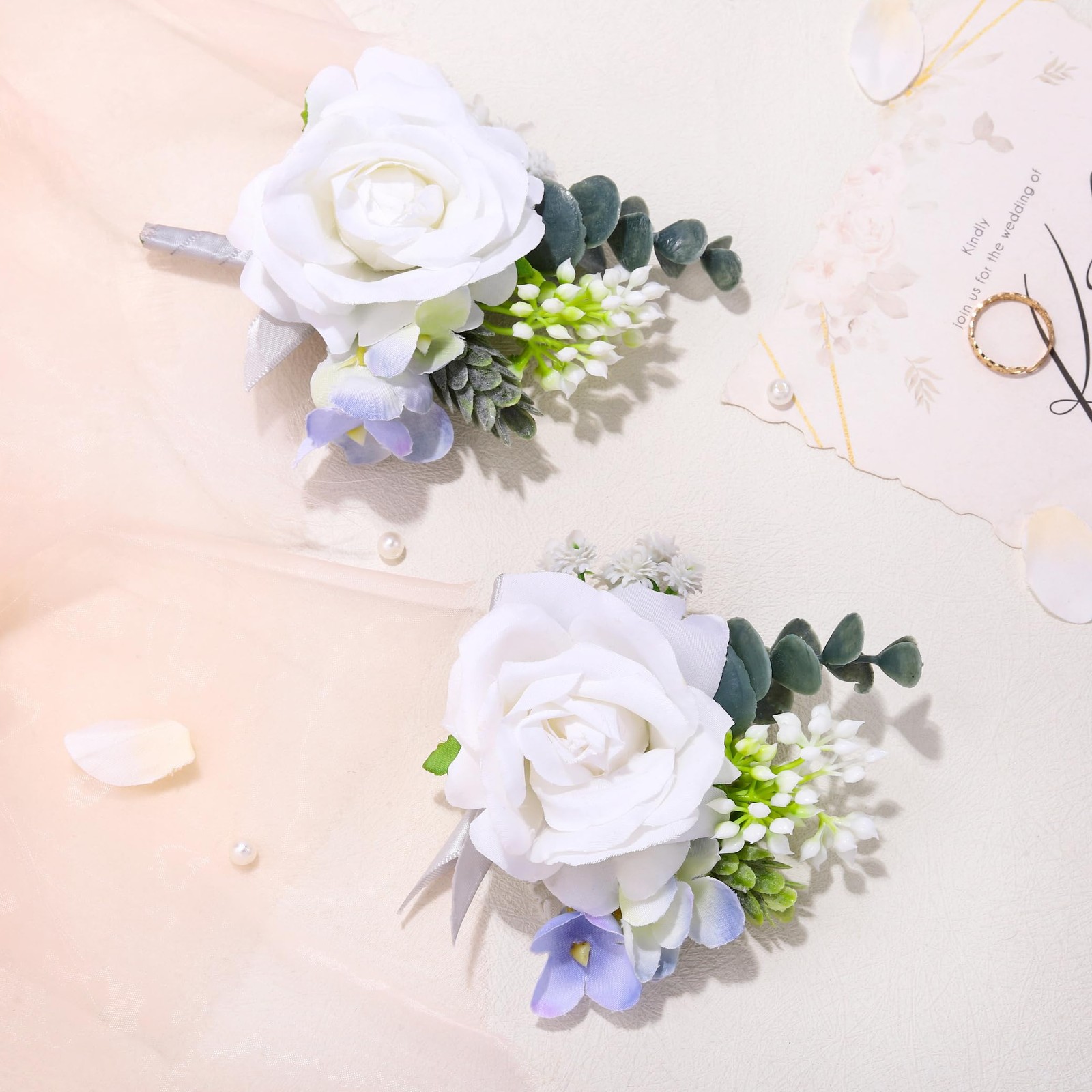 Corsage Boutonniere Set White Bridal Wrist Corsage Groom Rose Buttonholes for…