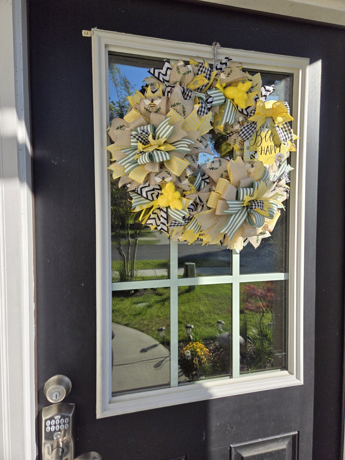 BEE happy WELCOME Spring Summer Fall Front Door Wreath Wall Decor Yellow Green