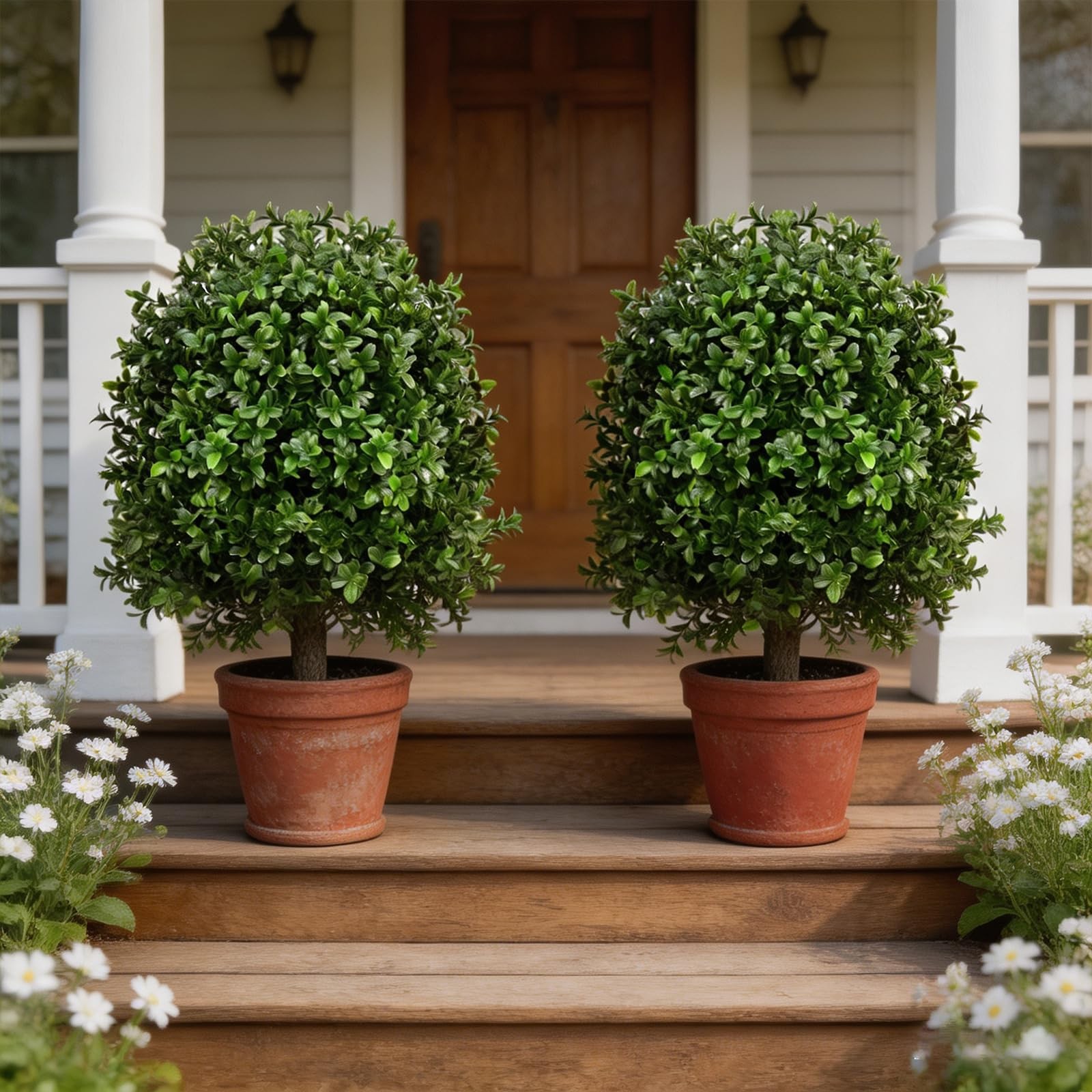 25″ Artificial Boxwood Topiary Tree – 2-Pack Realistic Touch Dual-Tone UV-Res…