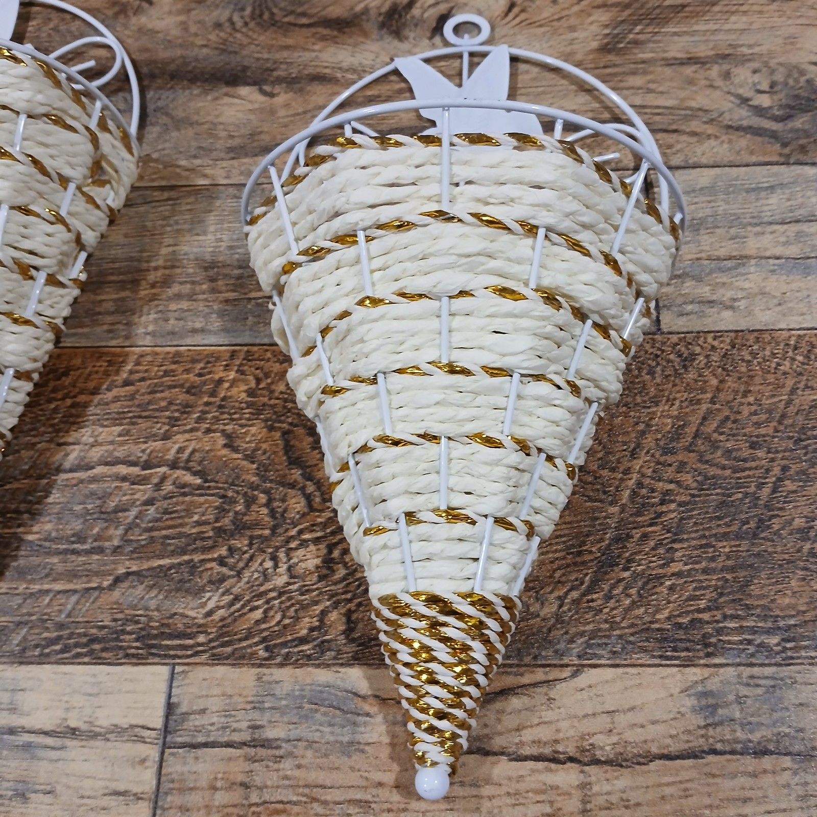Set of 2 Wall Hanging Cone/Basket. Display Flowers. Cream & Gold