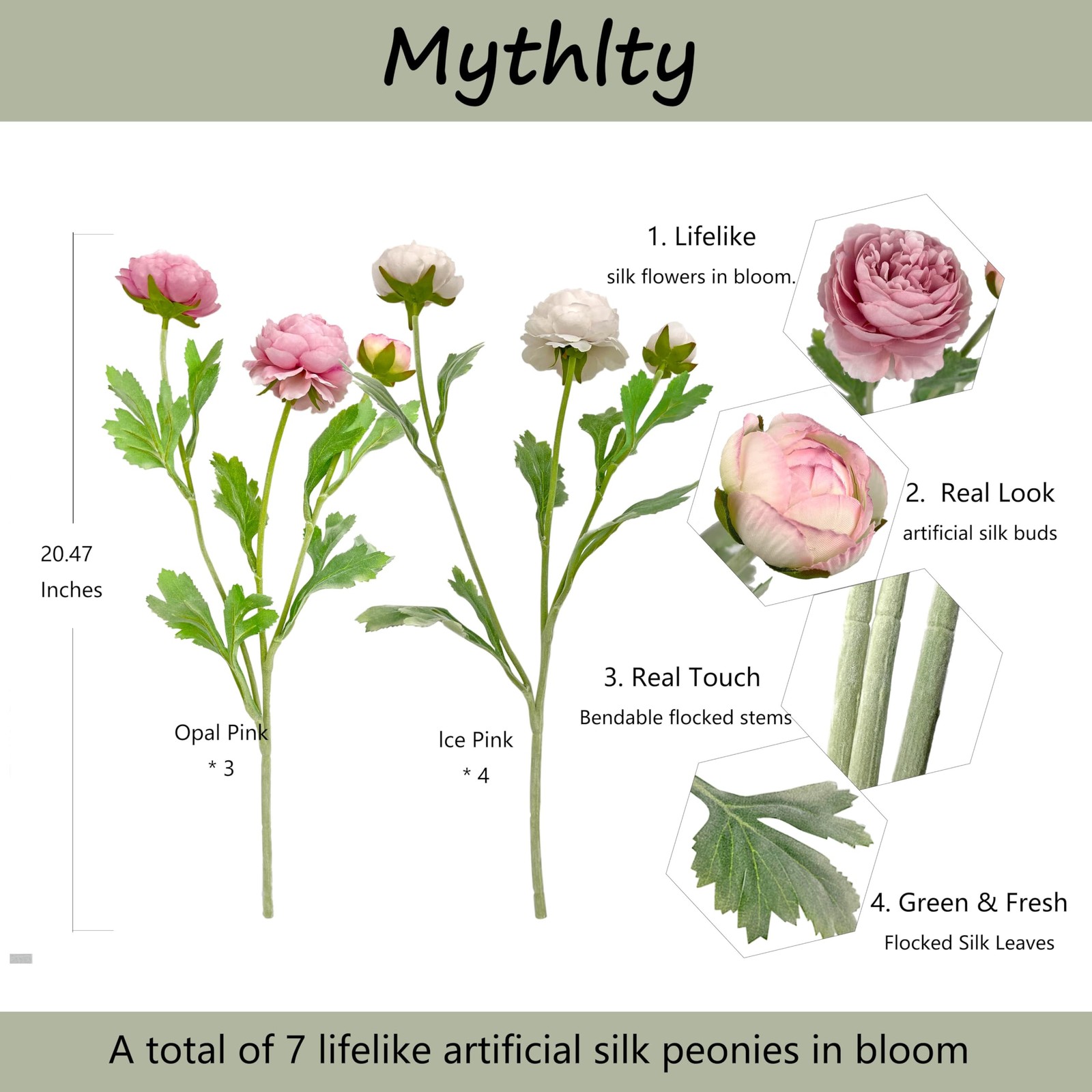 7 Pcs Peony Artificial Flowers with Stems, Faux Ice and Opal Pink Ranunculus Mix