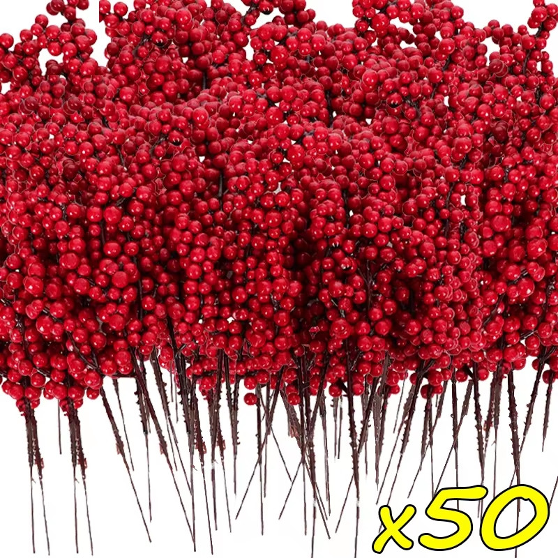 50/1Branch Christmas Artificial Berries Stem Red Holly Berry Fake Flowers Plant
