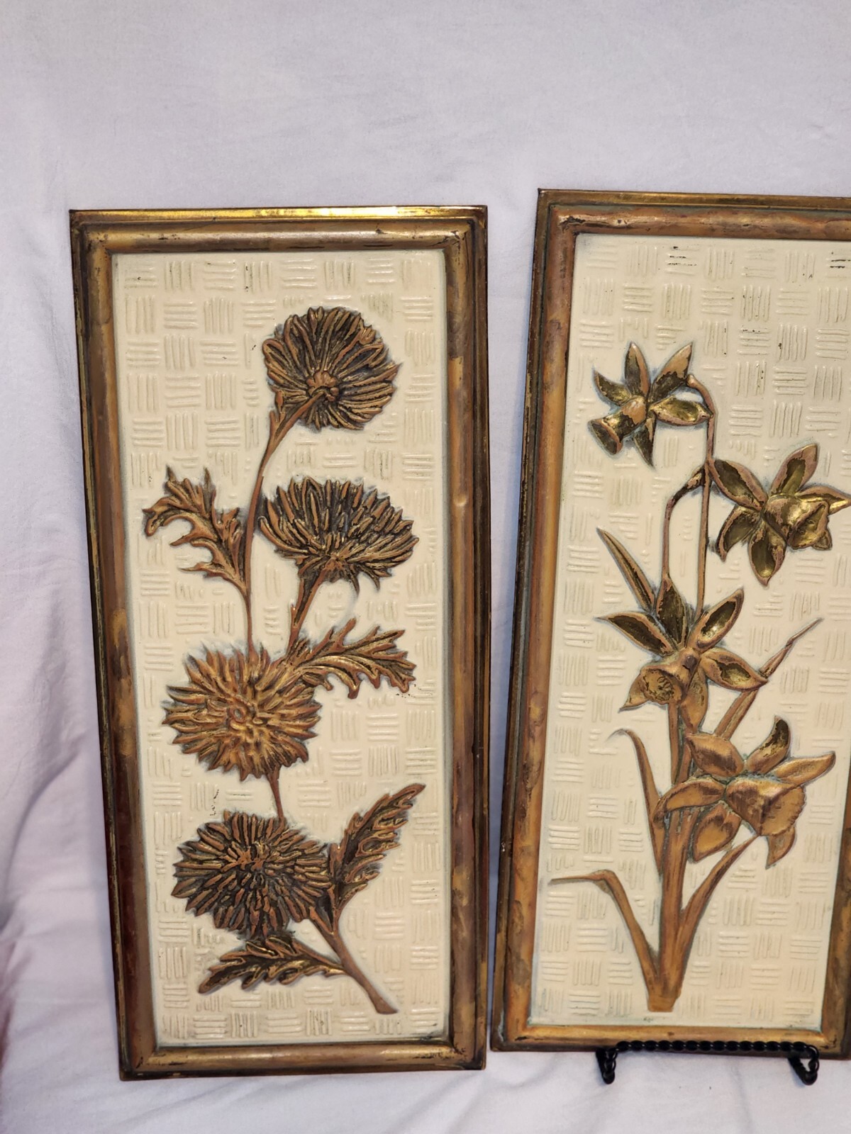 3 Vtg Metal Wall Plaques Brass & Yellow In Relief Floral Elpec England