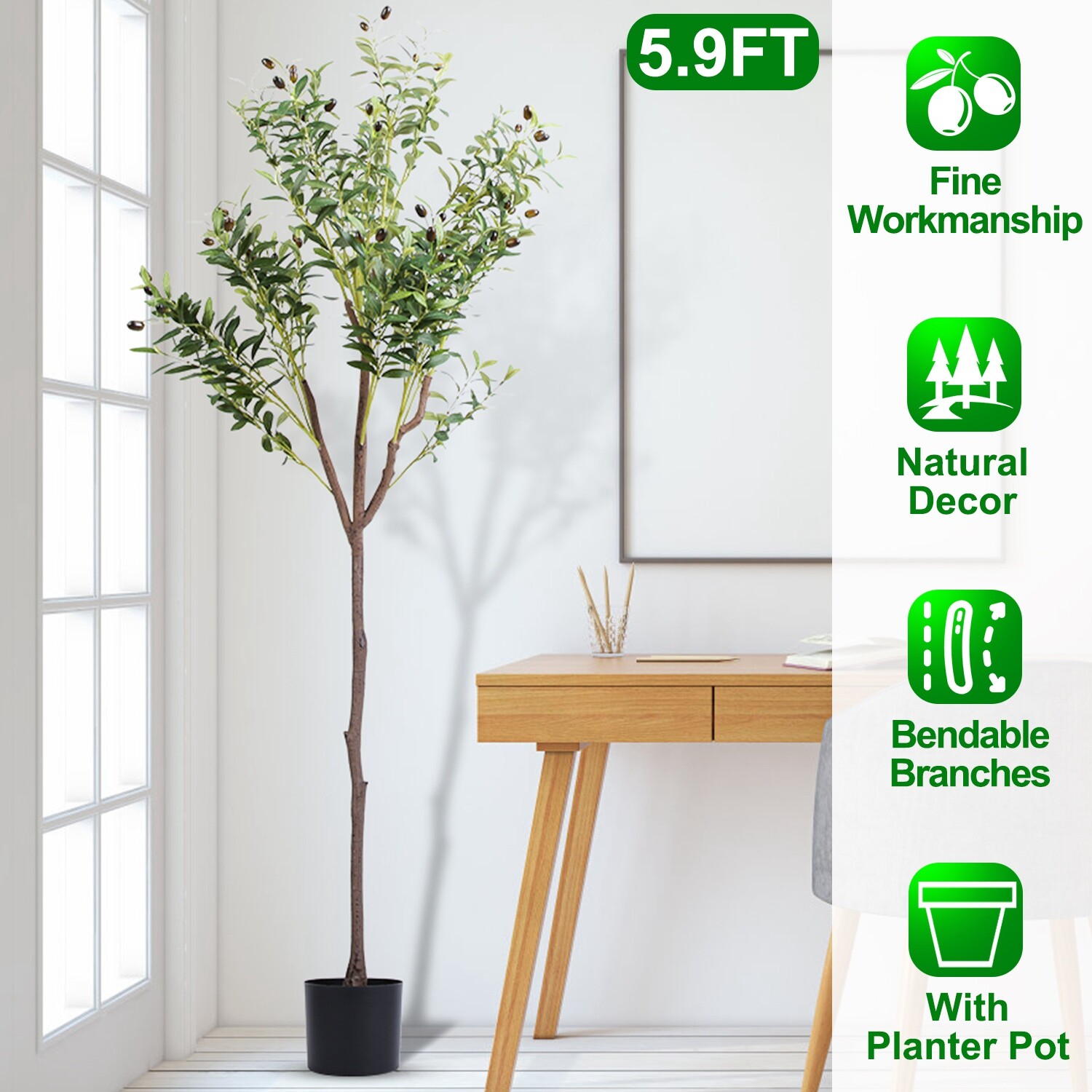 Artificial Olive Tree 5.9FT w/ Olive Leaves & Fruits & Faux Potted Plant Modern