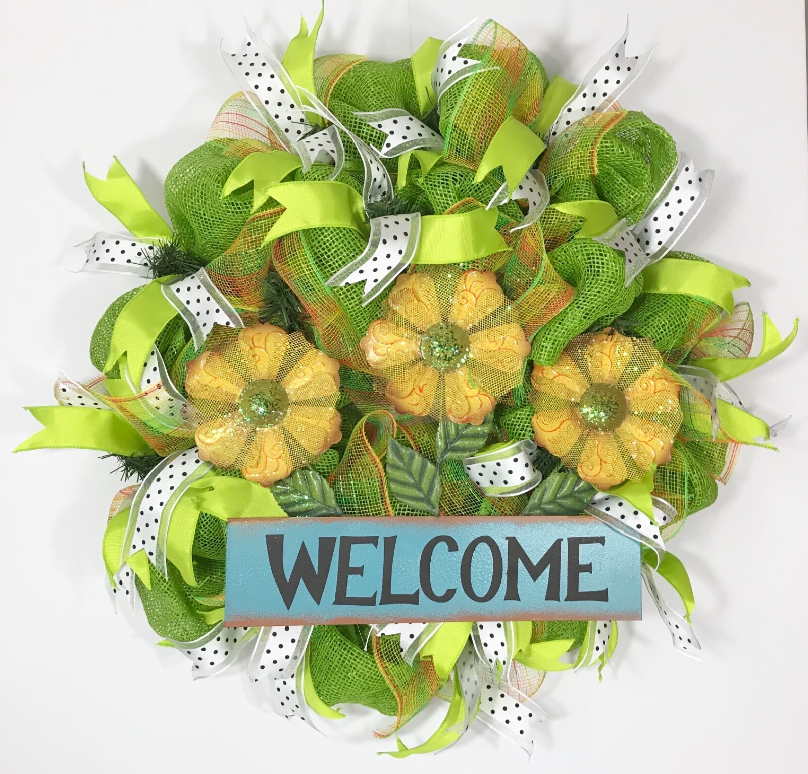 SUMMER WREATH GREEN DECO MESH YELLOW DAISY FLOWERS METAL WELCOME SIGN RIBBONS