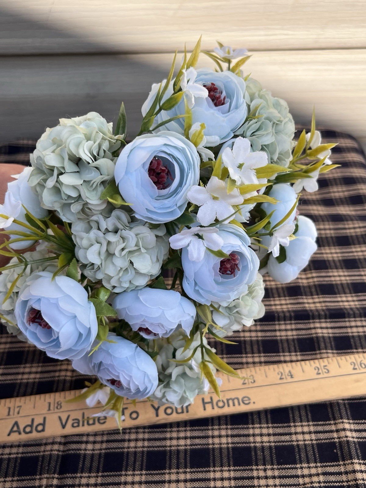 Lot of 2 Faux Floral Bouquet Bundles Blue Pink Peony Ranunculus Cottagecore