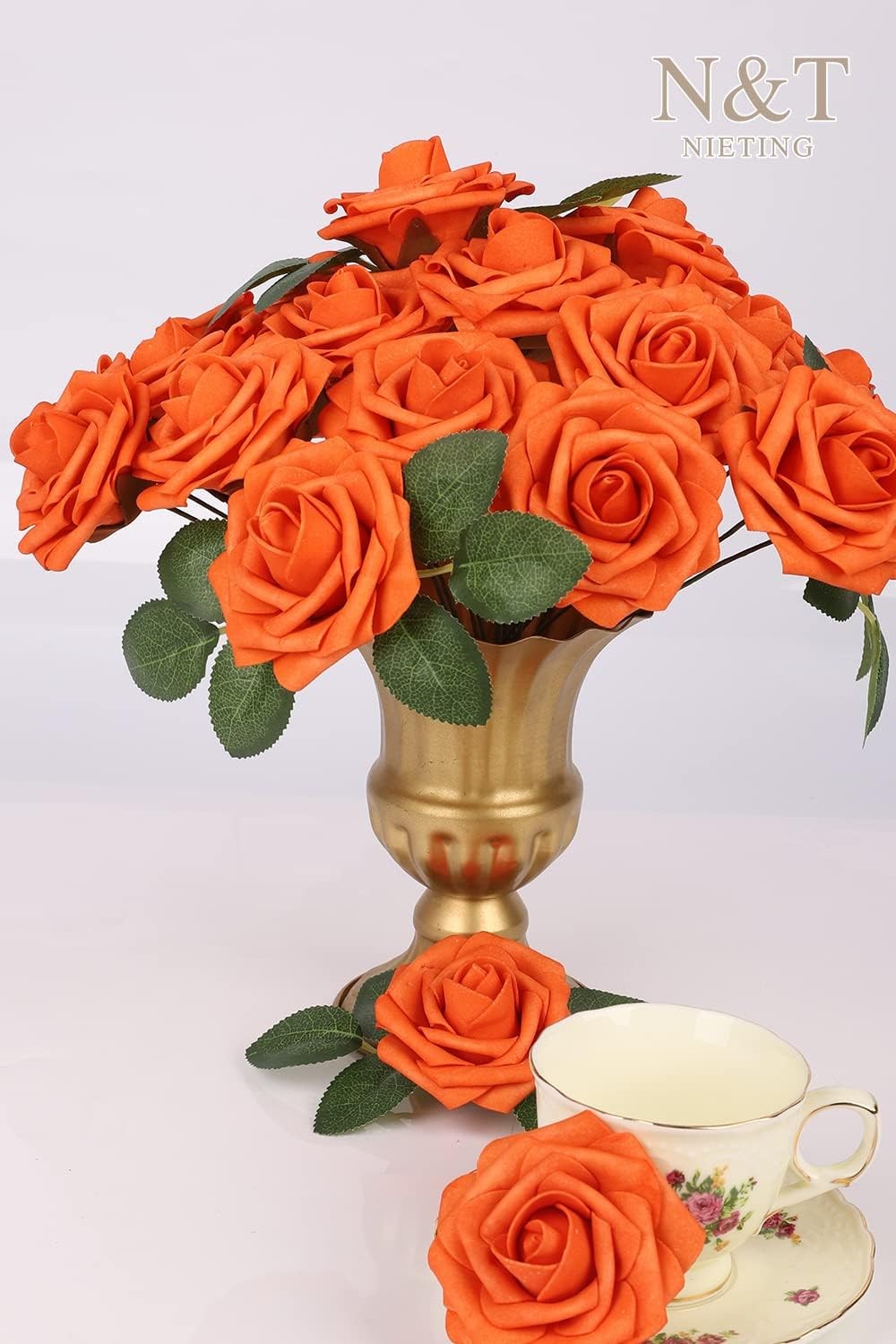 25 PCS Artificial Fall Orange Roses Flowers Wedding Bouquet Centerpiece Decor
