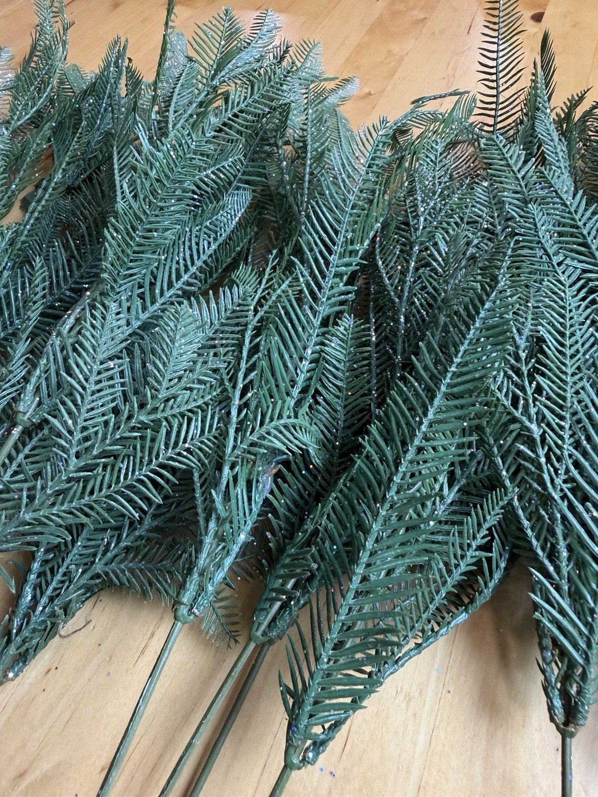 Lot of 17 Glittered Artificial Pine Branches – 1 Full Bush Stem + 16 Sprigs