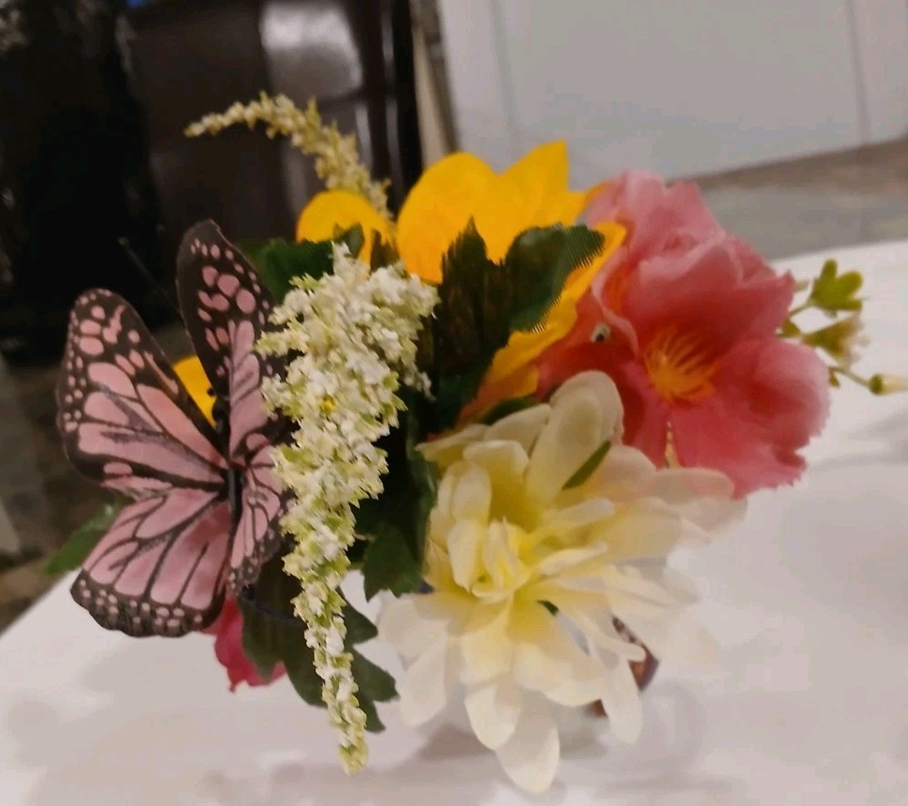 Pink Butterfly Floral Arrangement Tea Cup POP-IN Bridal Party Birthday Get Well