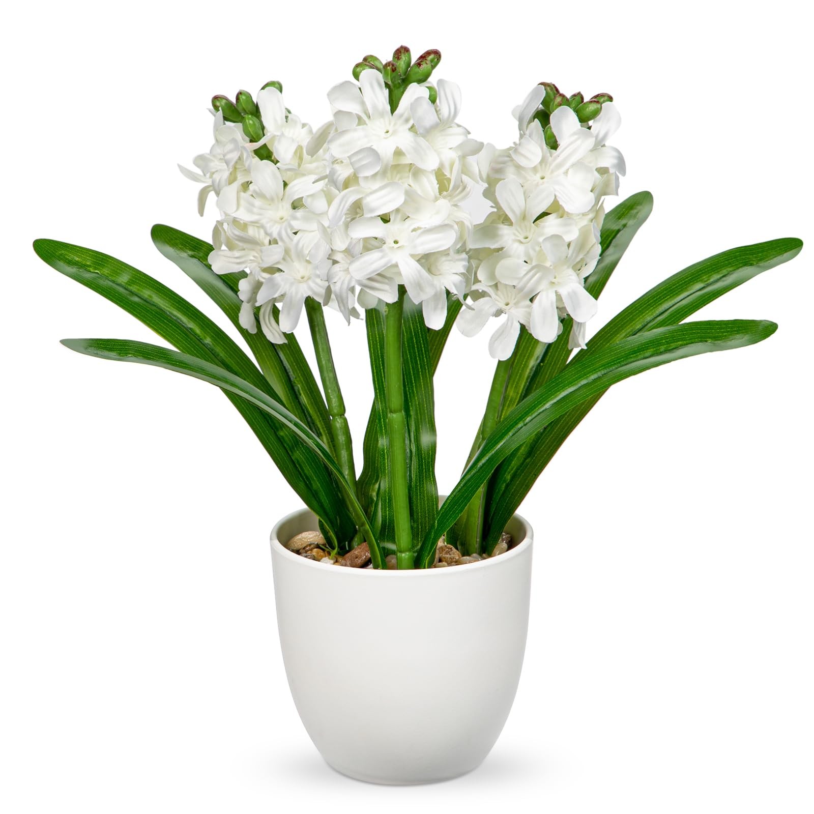 White Artificial Hyacinth Silk Fake Faux Flowers In Vase Pot 8.7 Inch