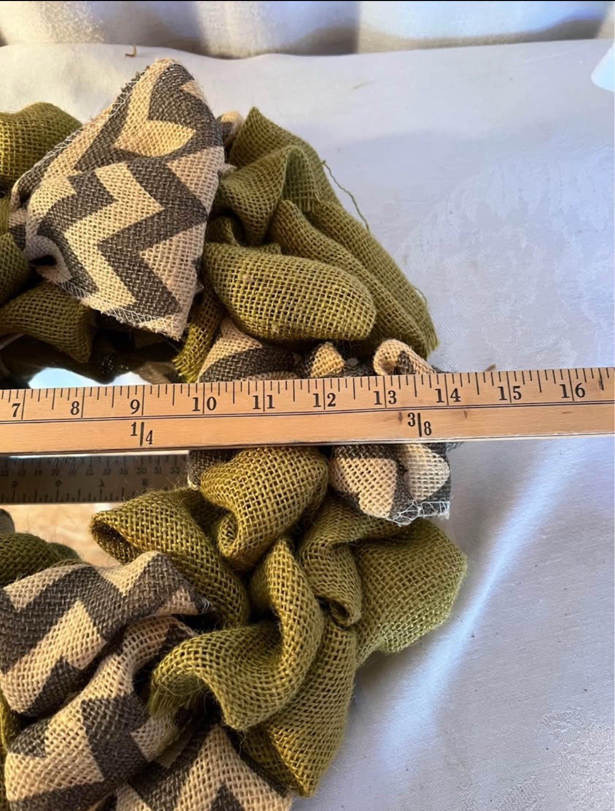 handmade burlap wreath green & tan with mirror in middle 14: diameter