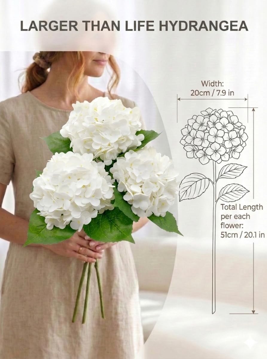 3 Pcs Real Touch White Hydrangea Artificial Flowers – 20″ Large Jumbo 3D Late…