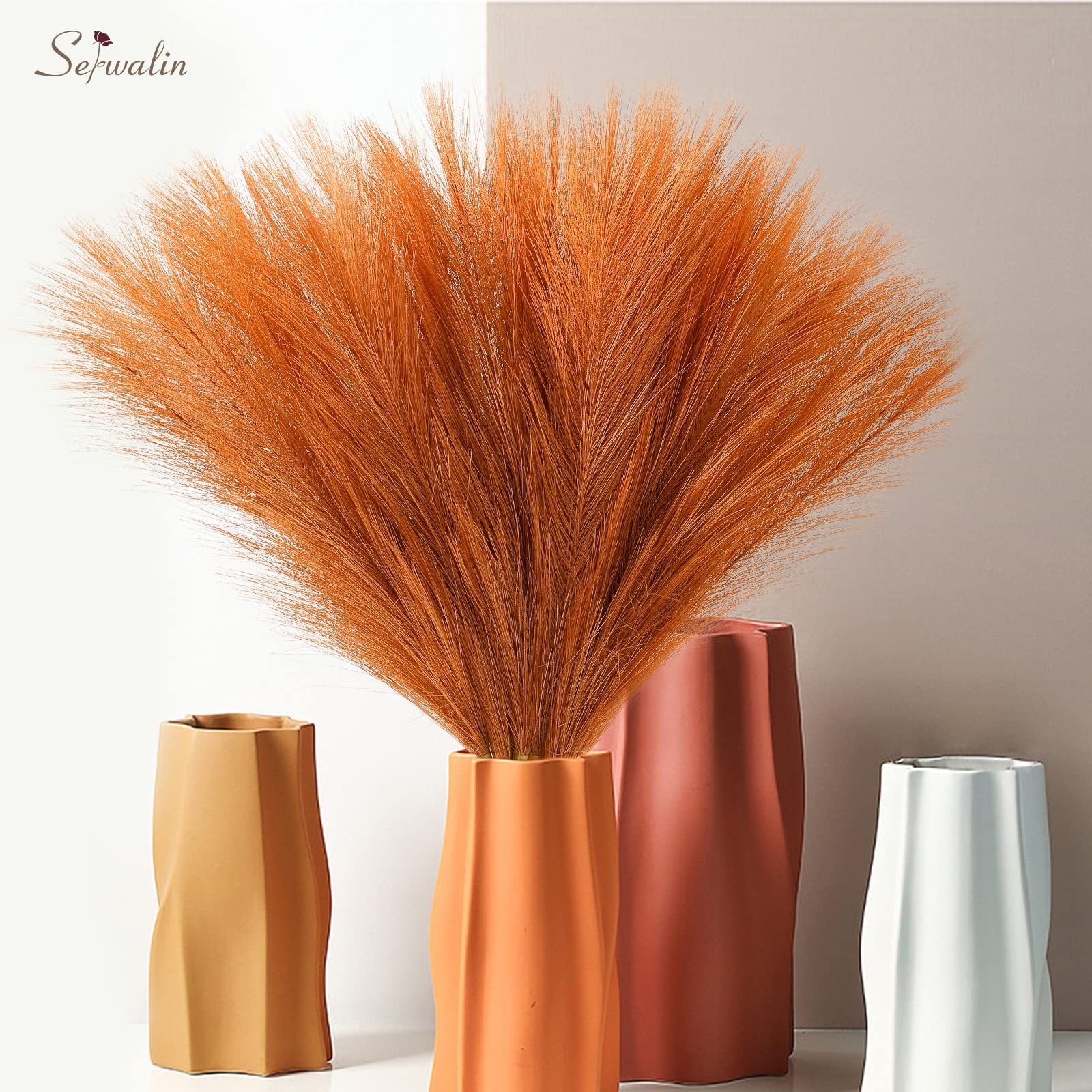 Pampas Grass Decor 17.7 Inch 6 Pcs Orange Pampas Grass, Faux Burnt Orange Pam…