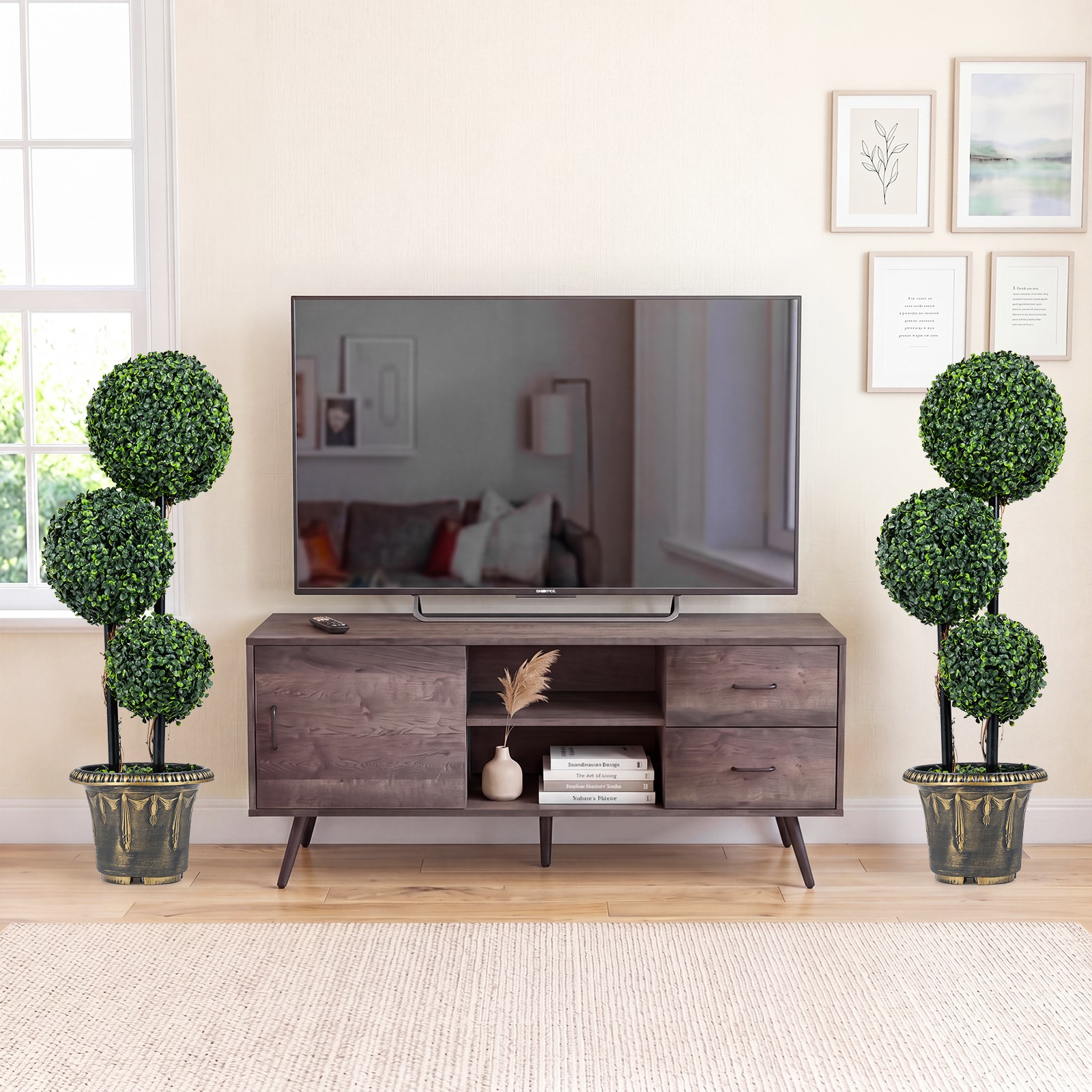 3 FT Artificial Boxwood Topiary Tree, Sun-Protective Triple Ball Shrubs,Indoor