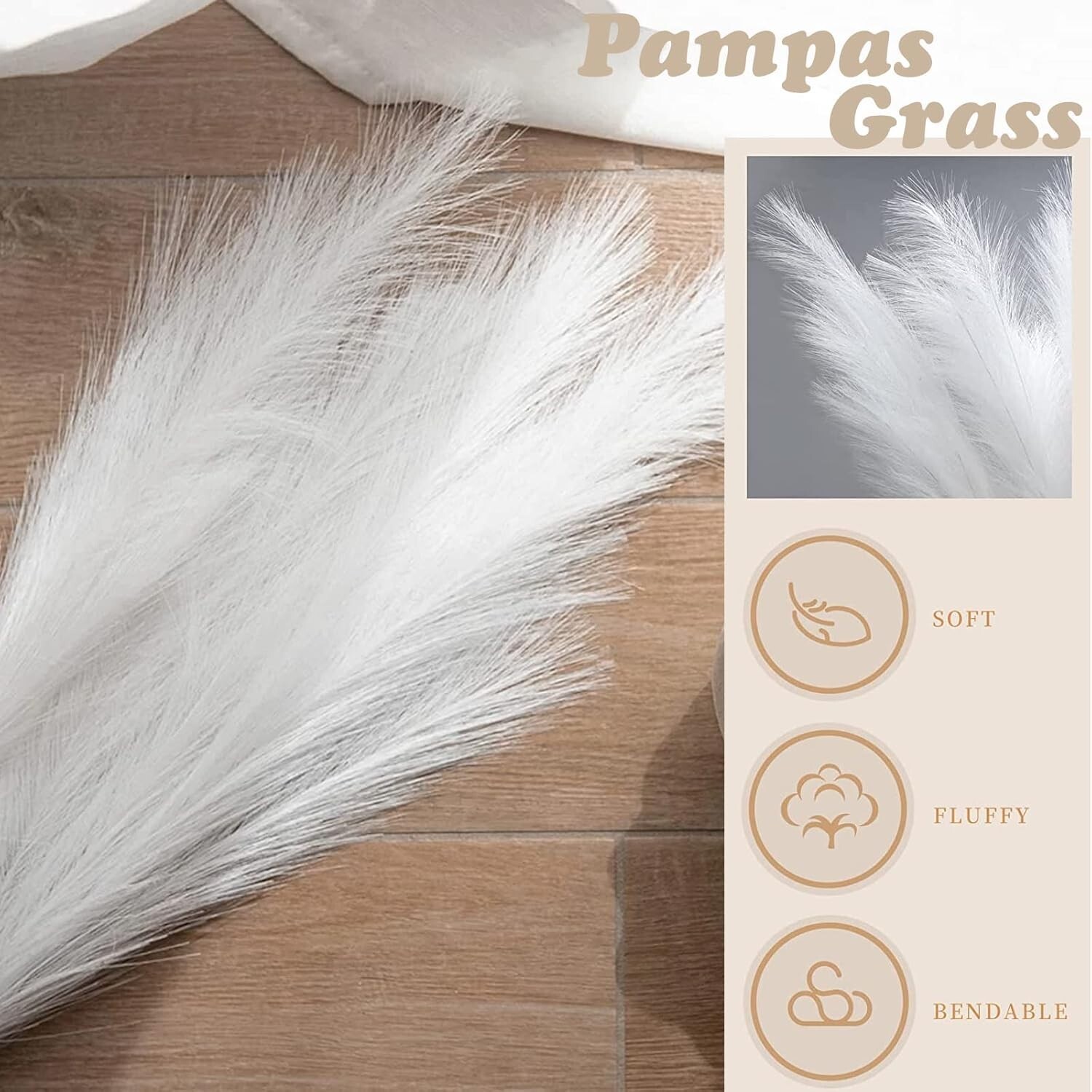43″ Fake Dried Pampas Grass, 4 Pcs Natural Fluffy White Faux Pompous Grass, T…