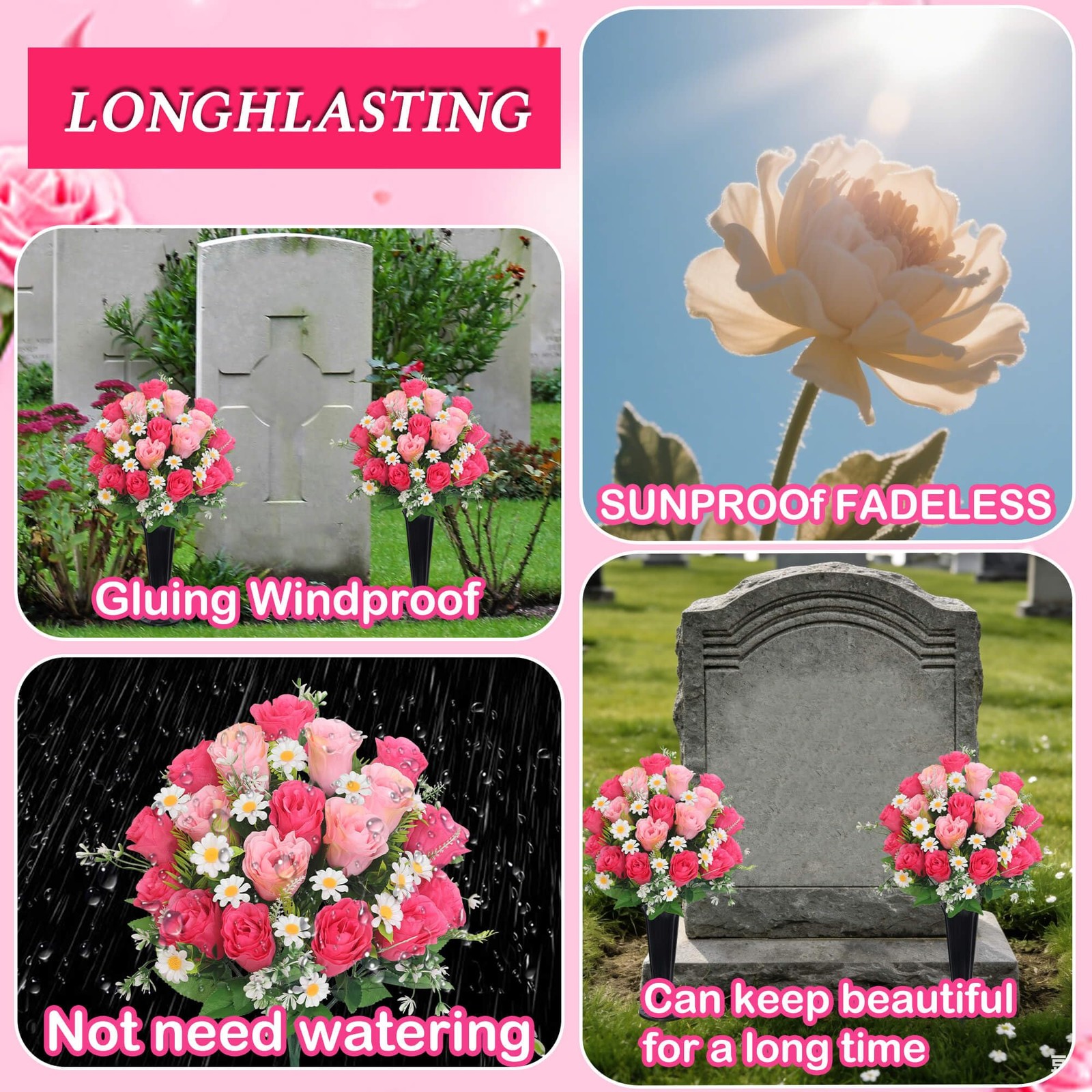 Artificial Cemetery Flowers for Grave Memorial Day Flowers for Cemetery,2Pack…