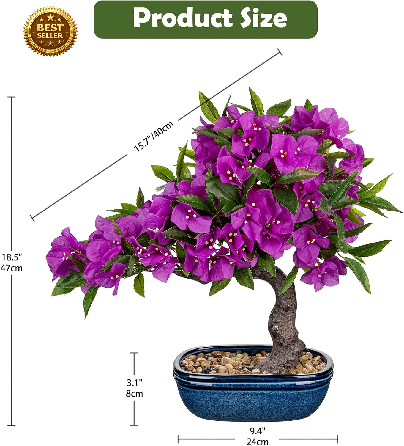 18.5in Artificial Bougainvillea Bonsi Tree Silk Plant Blue Pot Purple Home Decor