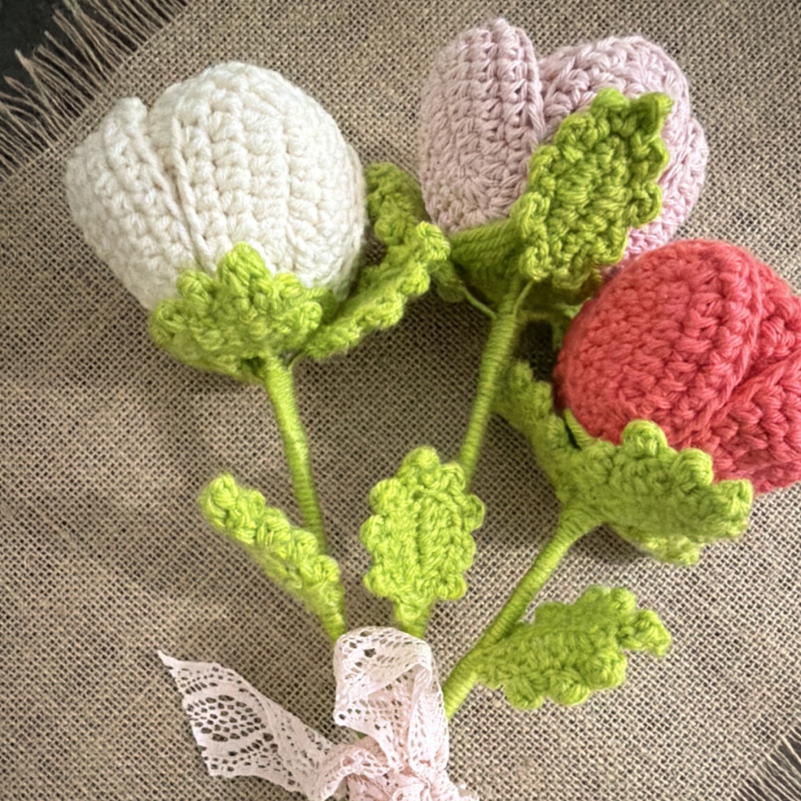 Handmade Crocheted Yarn Artificial Flower Bouquet Roses Pink White Red