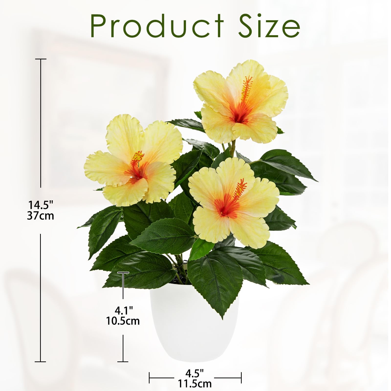 Artificial Hibiscus Flowers in Pot, 14.5’’ Faux Hibiscus Plant, Spring Summer…