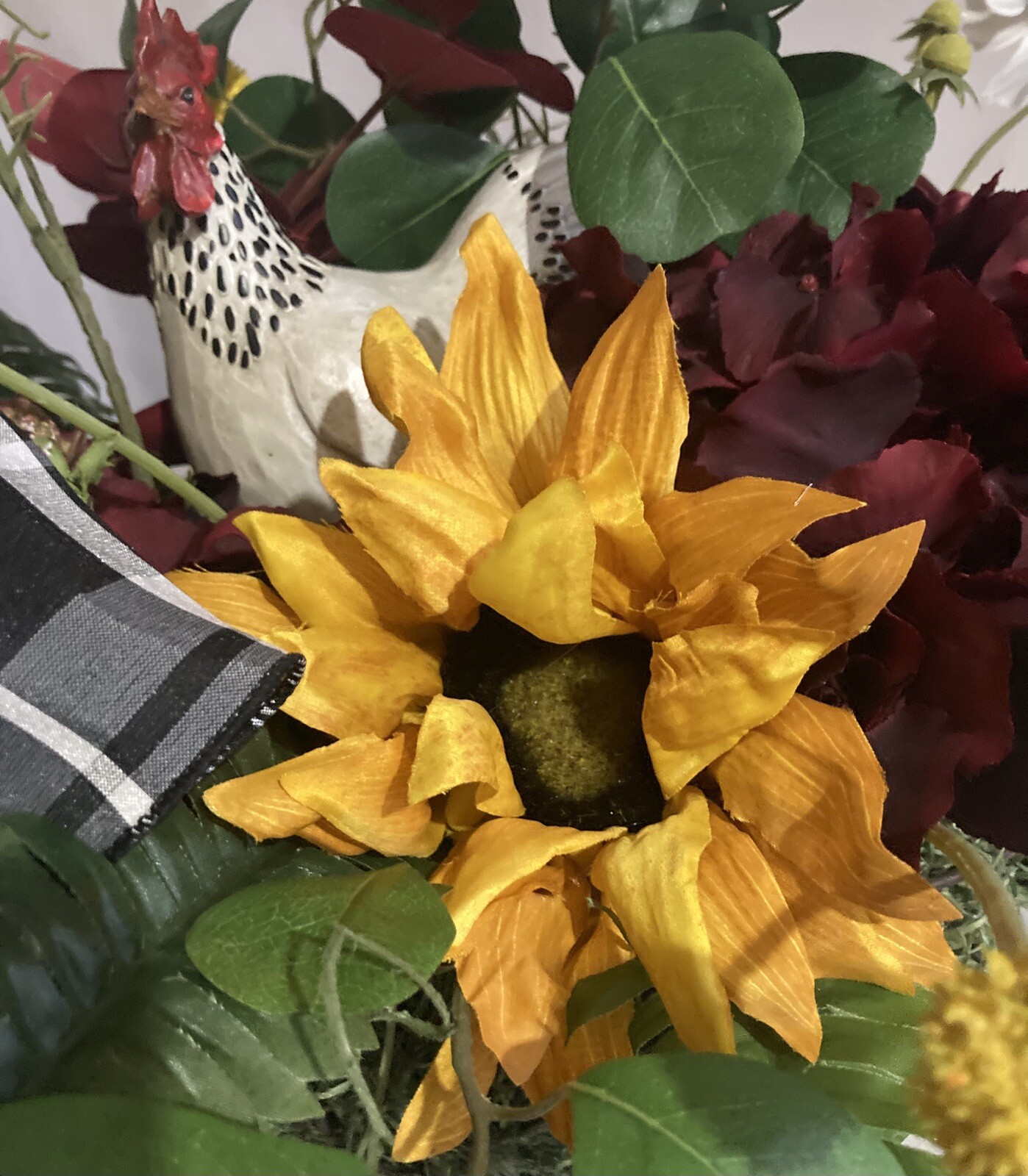The Stately White And Red Rooster With White Cosmos And Yellow Sunflower
