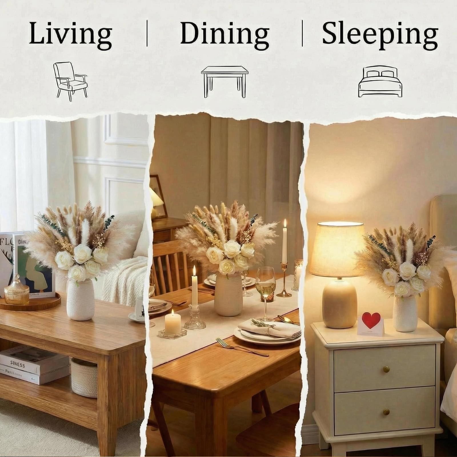 100pcs Dried Pampas Grass with Vase, Includes Artificial Silk Roses, Boho Nat…