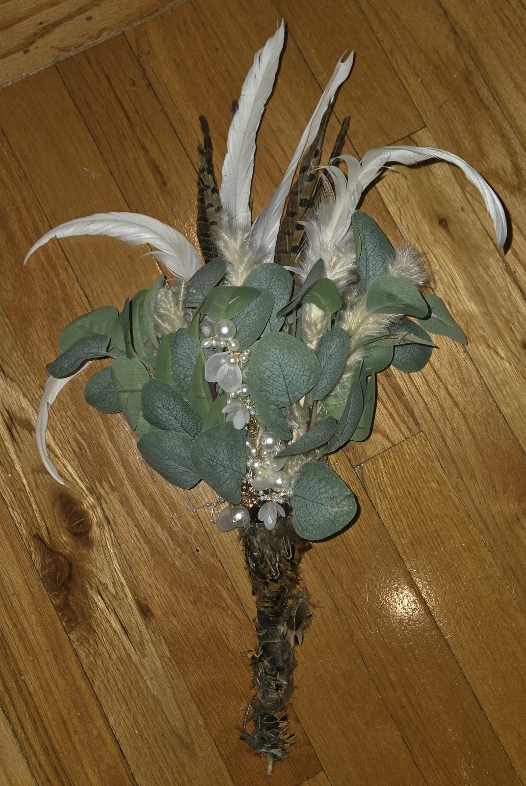 Boho Faux Eucalyptus & Feather Bouquet Rustic Pearl Floral Arrangement