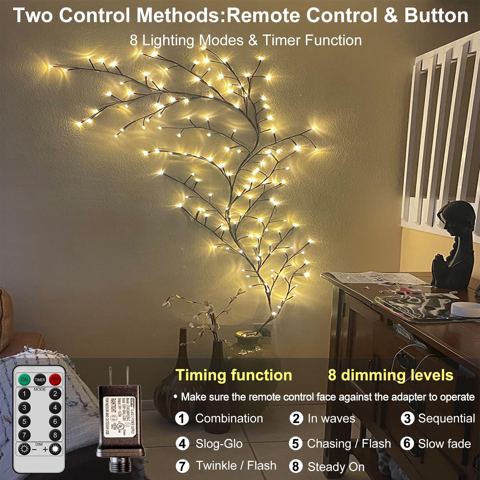 Lighted Willow Vine Lights 7.5Ft 144 LED Remote Christmas Swags Wall Decor