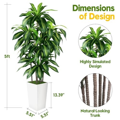 Artificial Dracaena Tree Indoor, 5FT Tall Fake Tree with Tall 5ft White