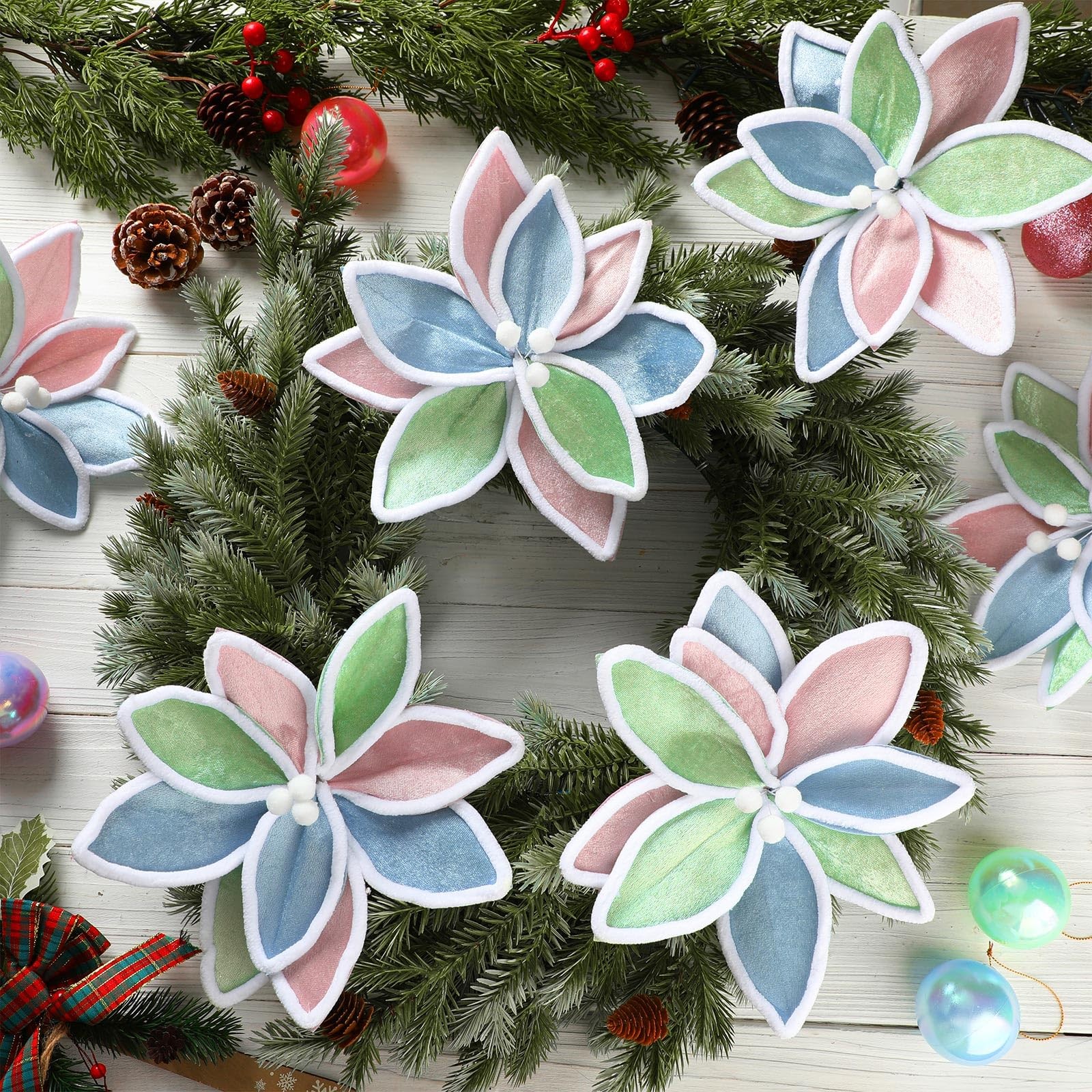 12 Pcs 12” Pastel Christmas Decor Candyland Christmas Poinsettia Tree Decora…