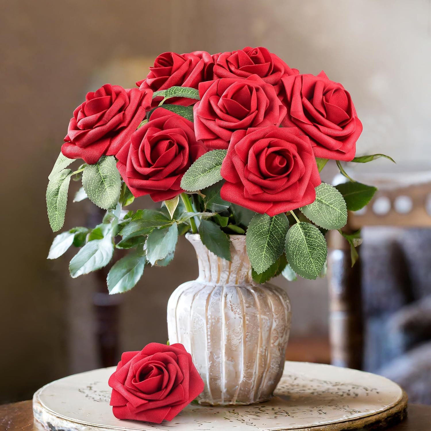 50 Pcs Artificial Flowers Red Roses Bulk, Real Looking Foam Fake Roses with Stem