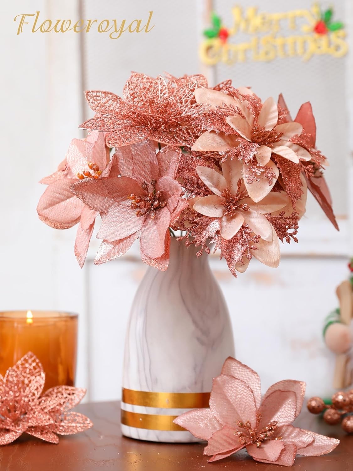 30pcs Poinsettia Artificial Christmas Flowers Decorations with Clips and Berr…